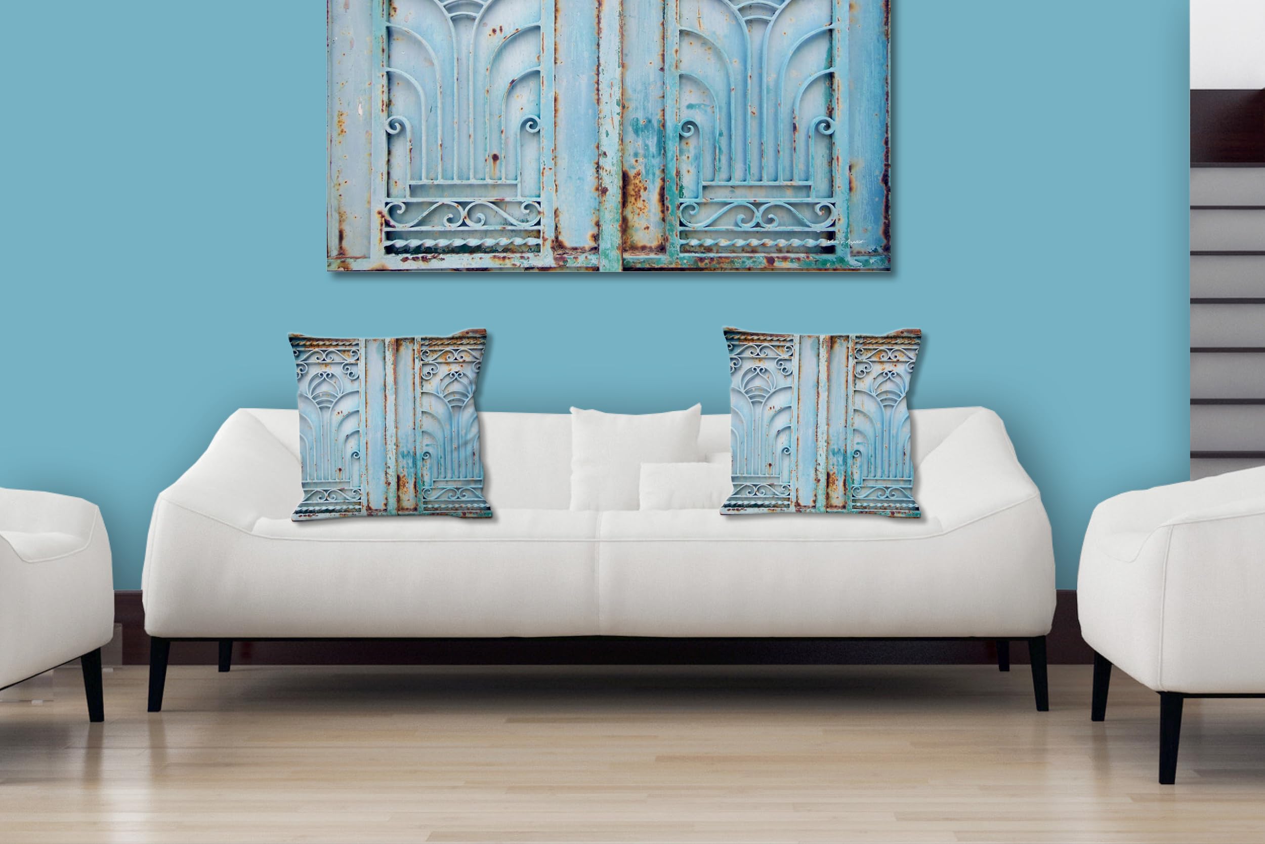 Ornamente 2 -Foto-Kissen-Hülle Set (2 STK.) 40 x 40 cm | Kissen-Bezüge - passend zu Wandbild - Deko-Kissen - Frankreich Tor Villa Metall-Optik