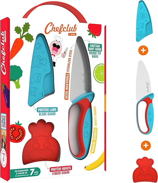 Kitchen Knife Set for Children - Stainless Steel Blade - Finger Guard and Blade Protection Included - Ergonomic Handle, Safe Kitchen Knife Tool, Kids Cooking Supply (Blue/Red)