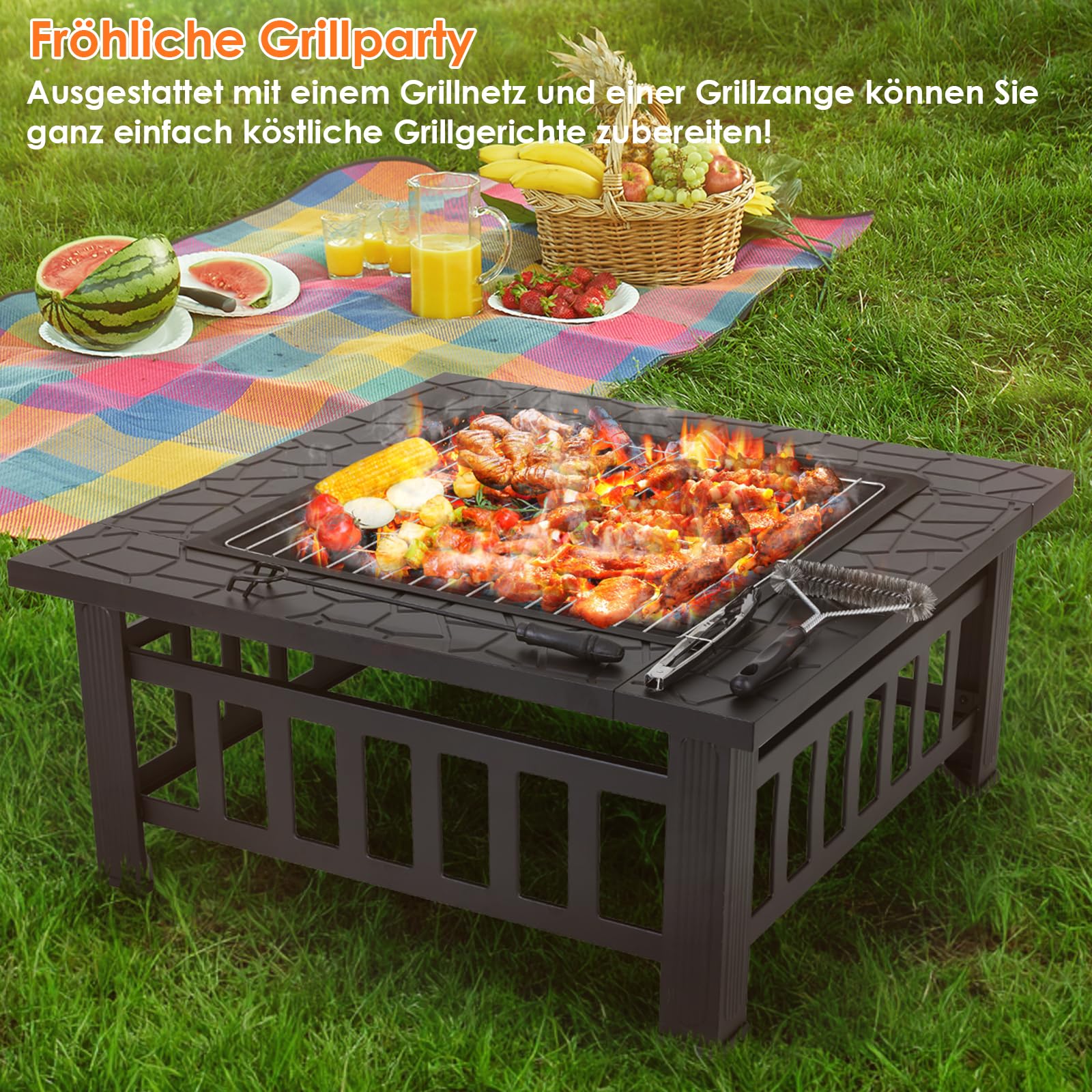 LIFERUN Feuerschale mit Funkenschutz 81cm, Feuerschalen mit für den Garten | Feuerkorb mit Deckel, Feuerstelle inkl. Grillrost, Abdeckung, Kohlegitter Poker Grillzange Bürste, 4 Bein, für Garten Party