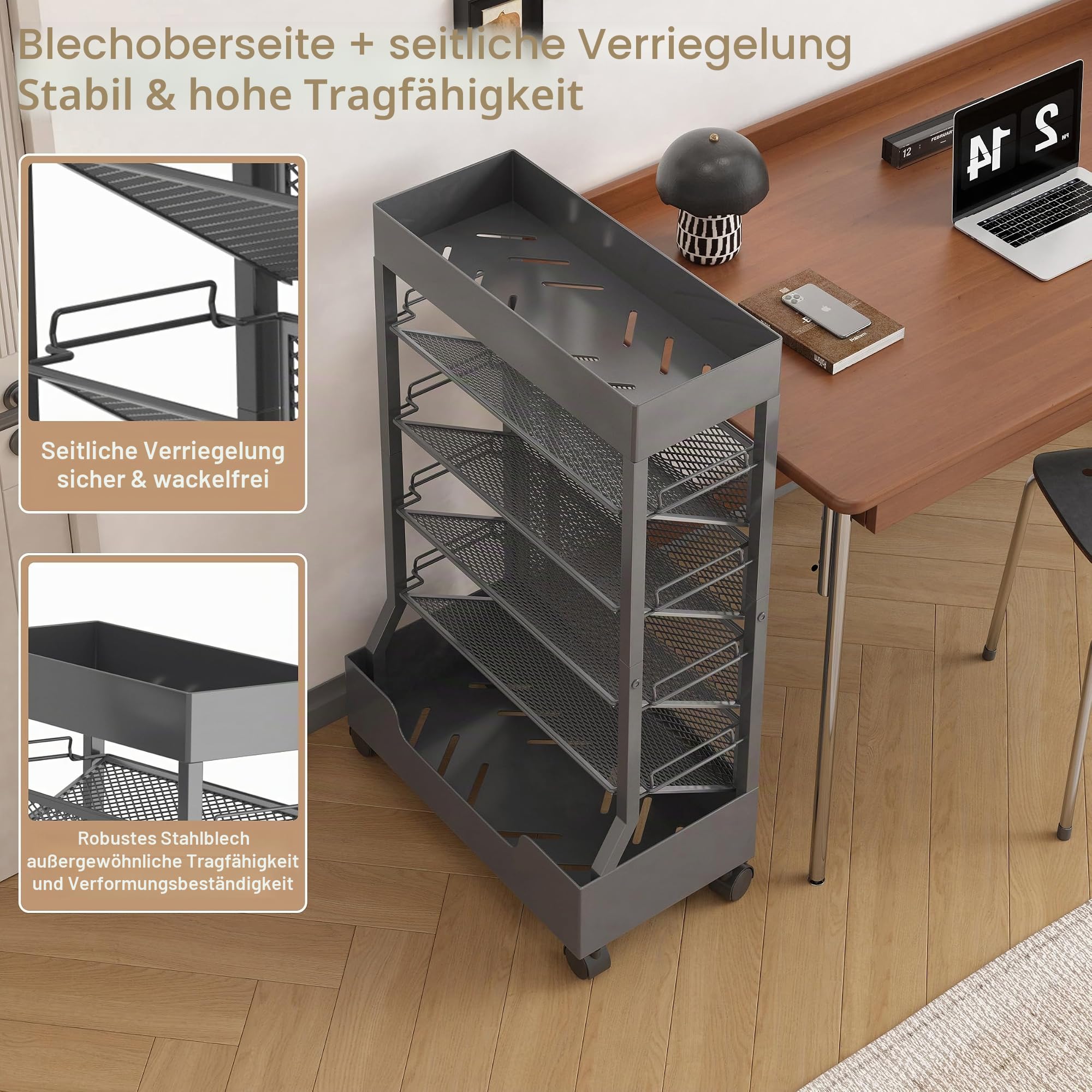 UMDONX Moderner, mobiler Buchwagen, einseitig, rollbares Bücherregal mit Metallplatte und Boden, hochwertige Einrastregale, robuste und elegante Aufbewahrung für Zuhause, Arbeitszimmer, Büro
