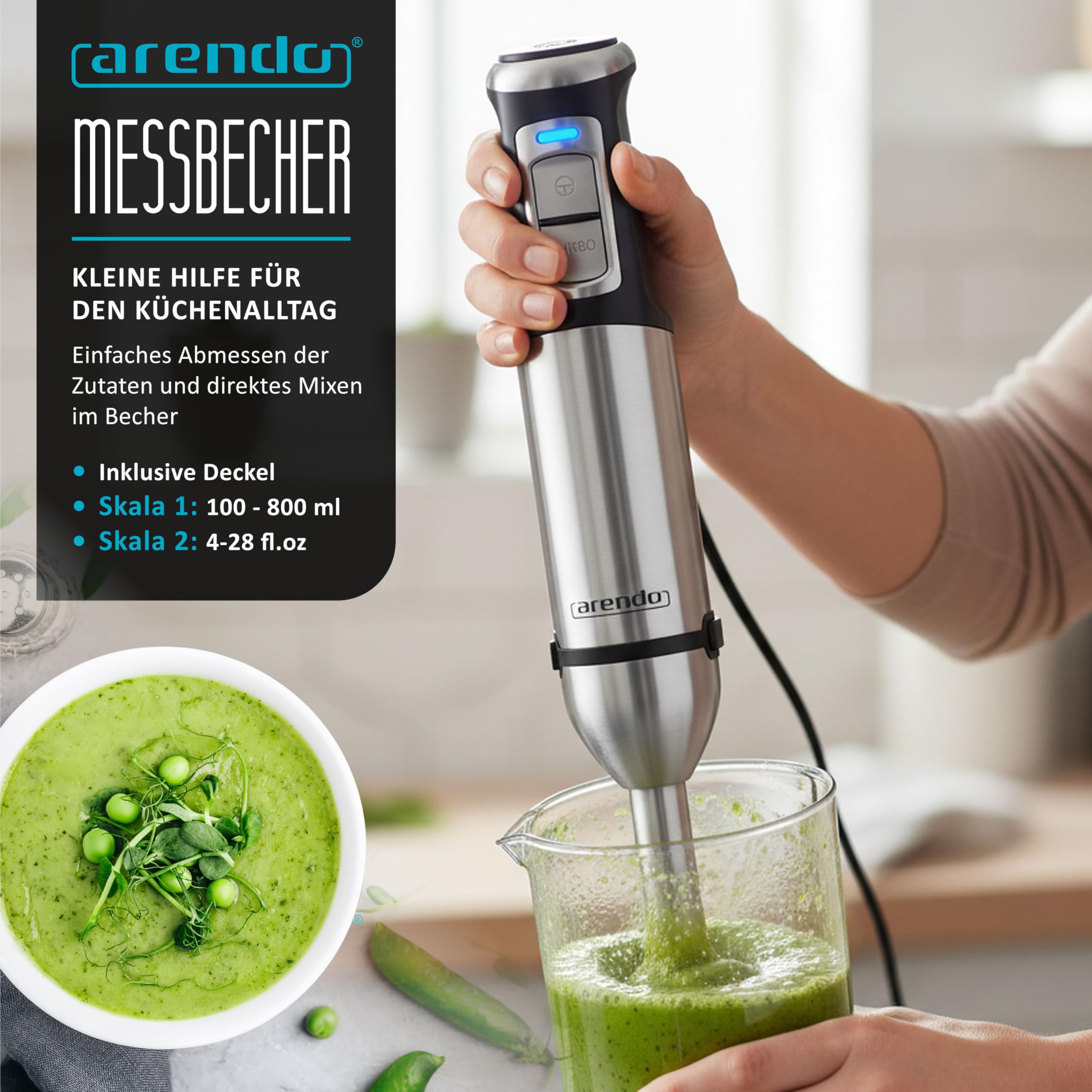 Arendo - Edelstahl Stabmixer 2000 Watt - Handmixer Set - Pürierstab - stufenlose Geschwindigkeit - Turbotaste – Mixfuß mit Edelstahlmesser - Schneebesen – BPA-frei