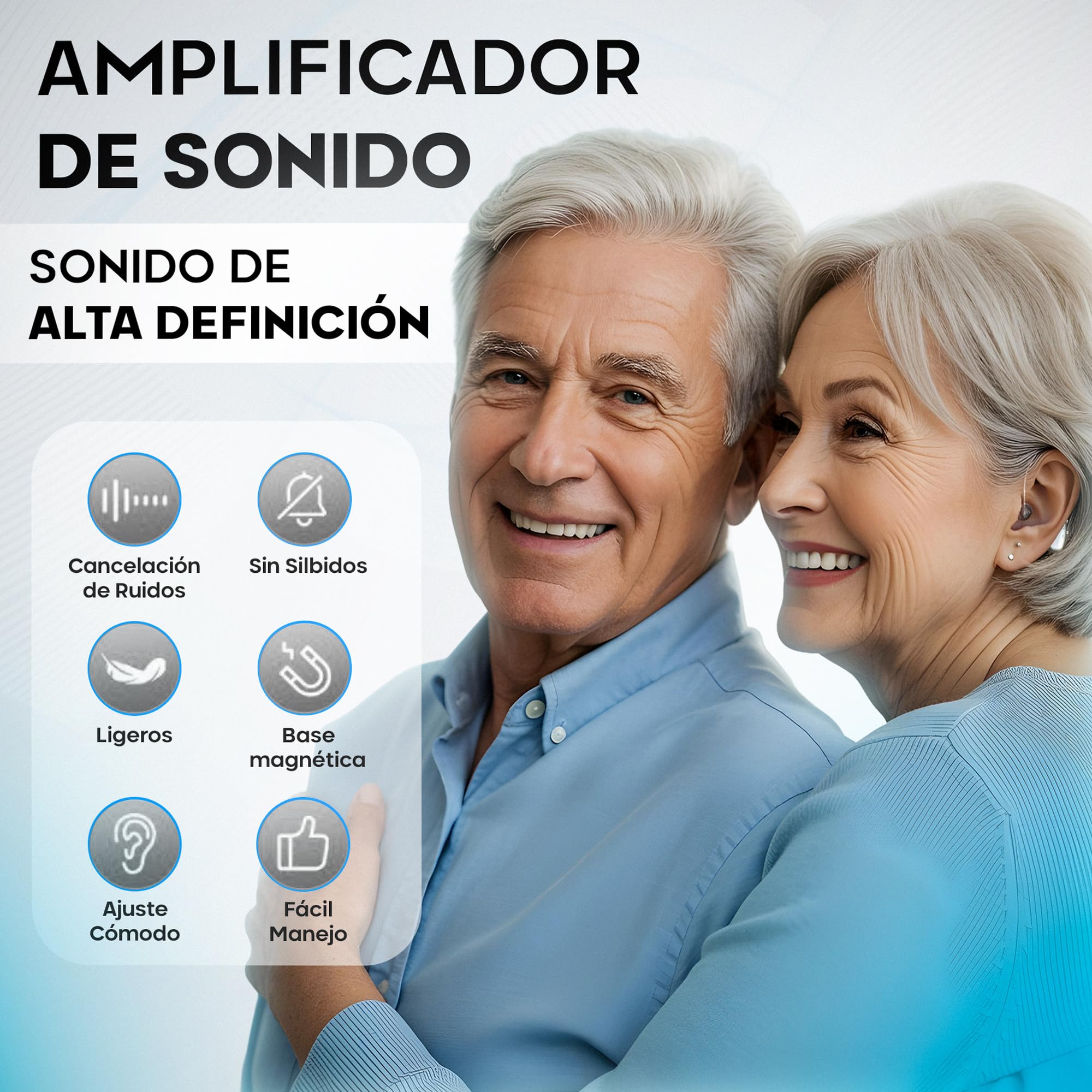 Amplificador de Sonido Personal Recargable (2 Unidades), Ultraligero (4 g) Retroauricular (BTE), Chip DSP, Volumen Ajustable, Base de Carga Magnética, para TV y Conversaciones