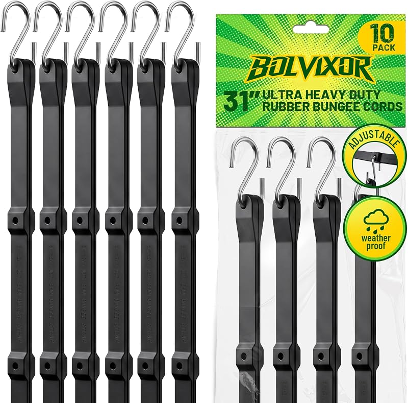 Adjustable Bungee Cords with Hooks, 10 Pack, 31", EPDM Rubber