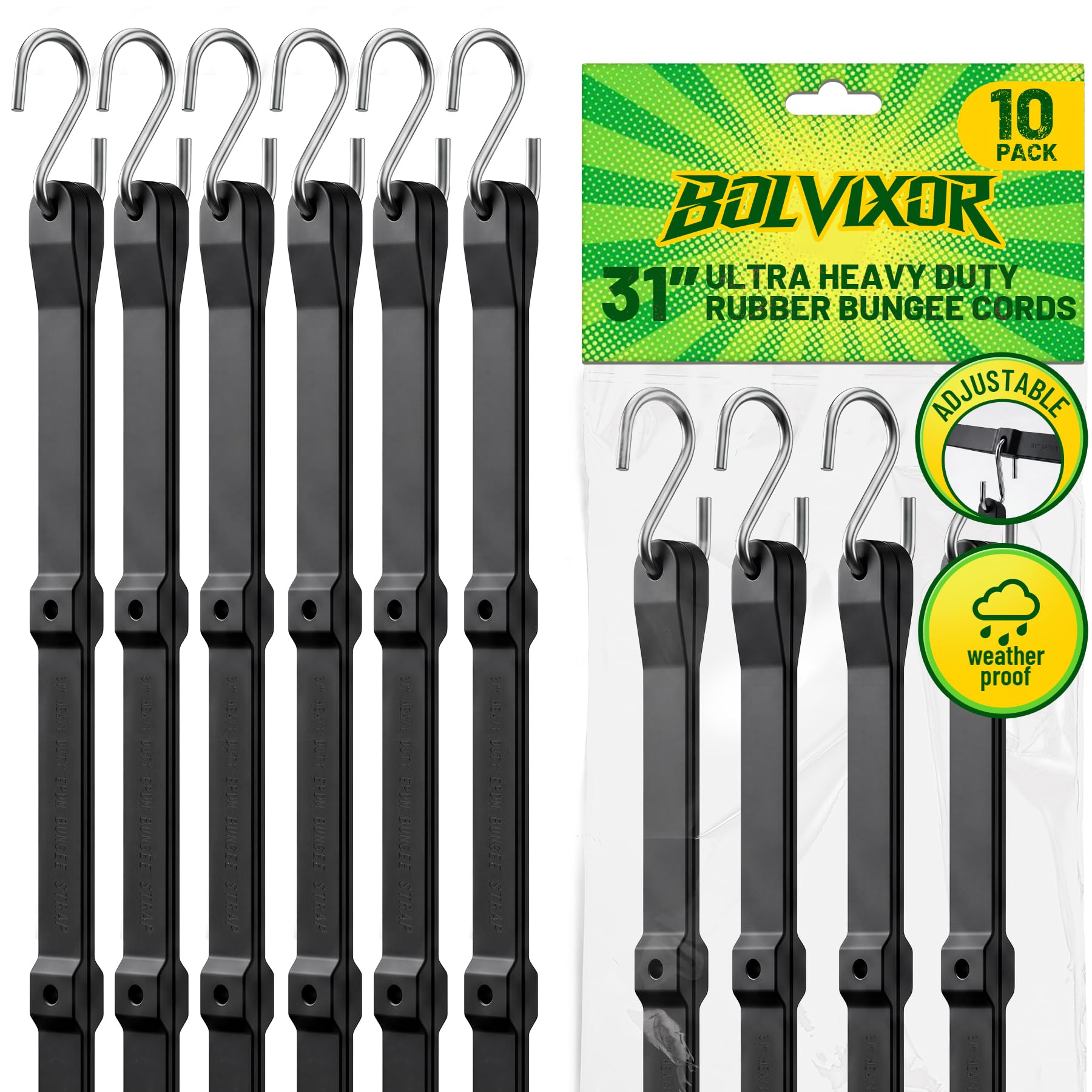 Bolvixor 31 inch adjustable bungee cords EPDM rubber 10 pack with crimped S-hooks