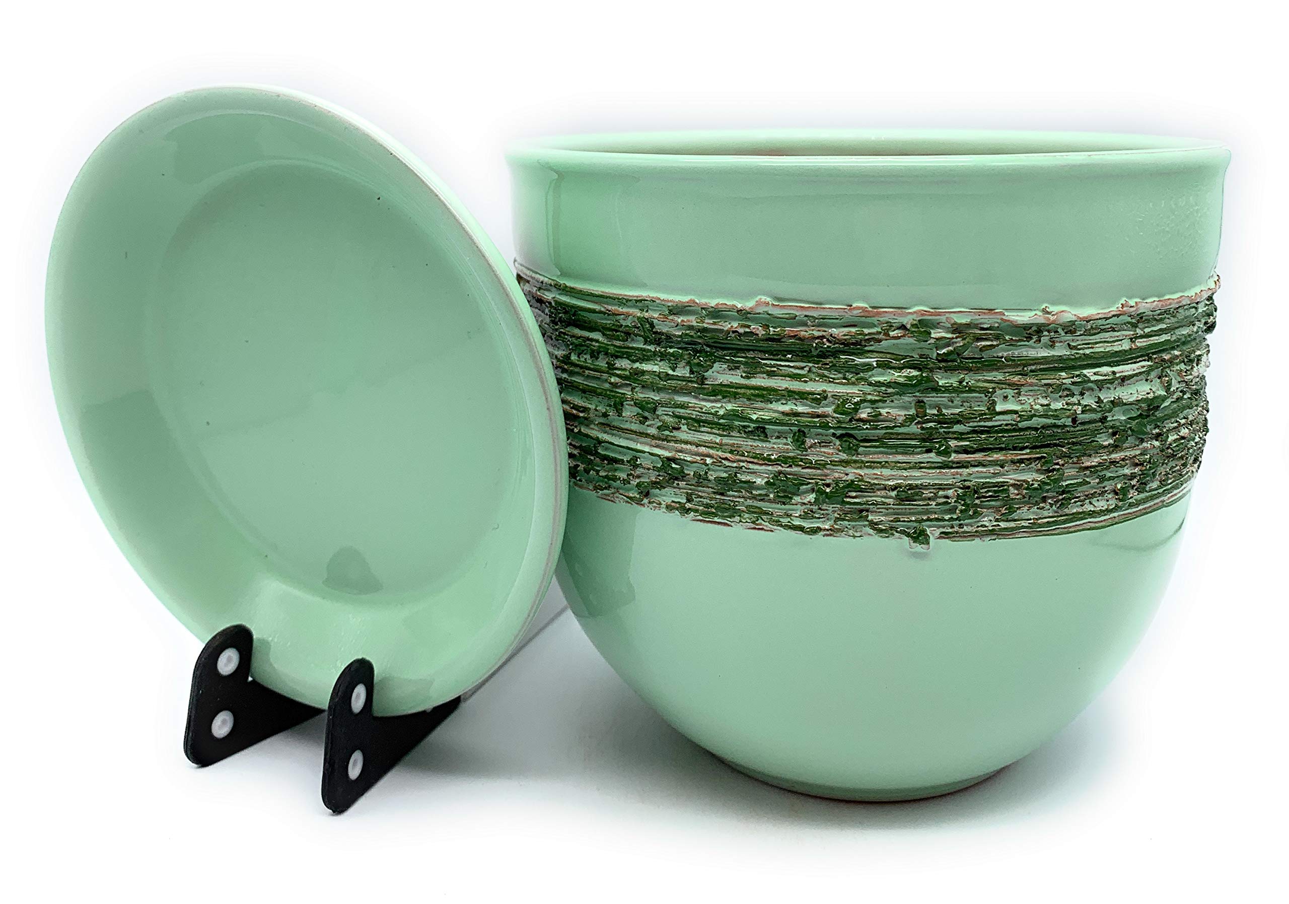 Sun Cakes Glazed Terracotta Flower Pot with Saucer Round Planter with Drip Tray Plant Pot Clay Coloured Flower Ring Stripe (14cm x 12cm, Mint/Green)