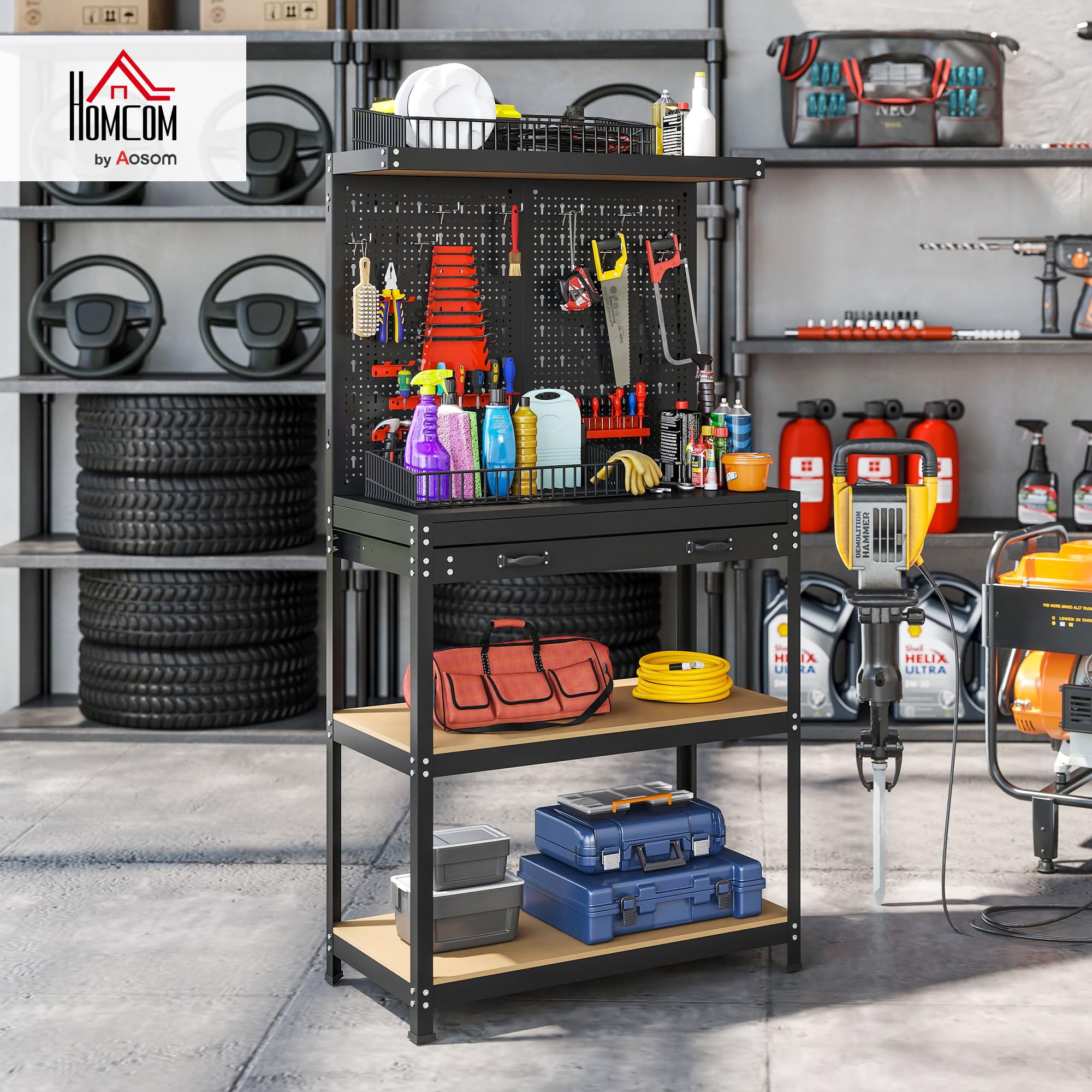 HOMCOM Werkbank 80 x 40,5 x 155 cm mit Lochwand, Haken Schublade Schwarz | Werkzeugbank, 2 Ablagen, Arbeitstisch, 240 kg Tragkraft, Werktisch aus Metall, für Werkstatt