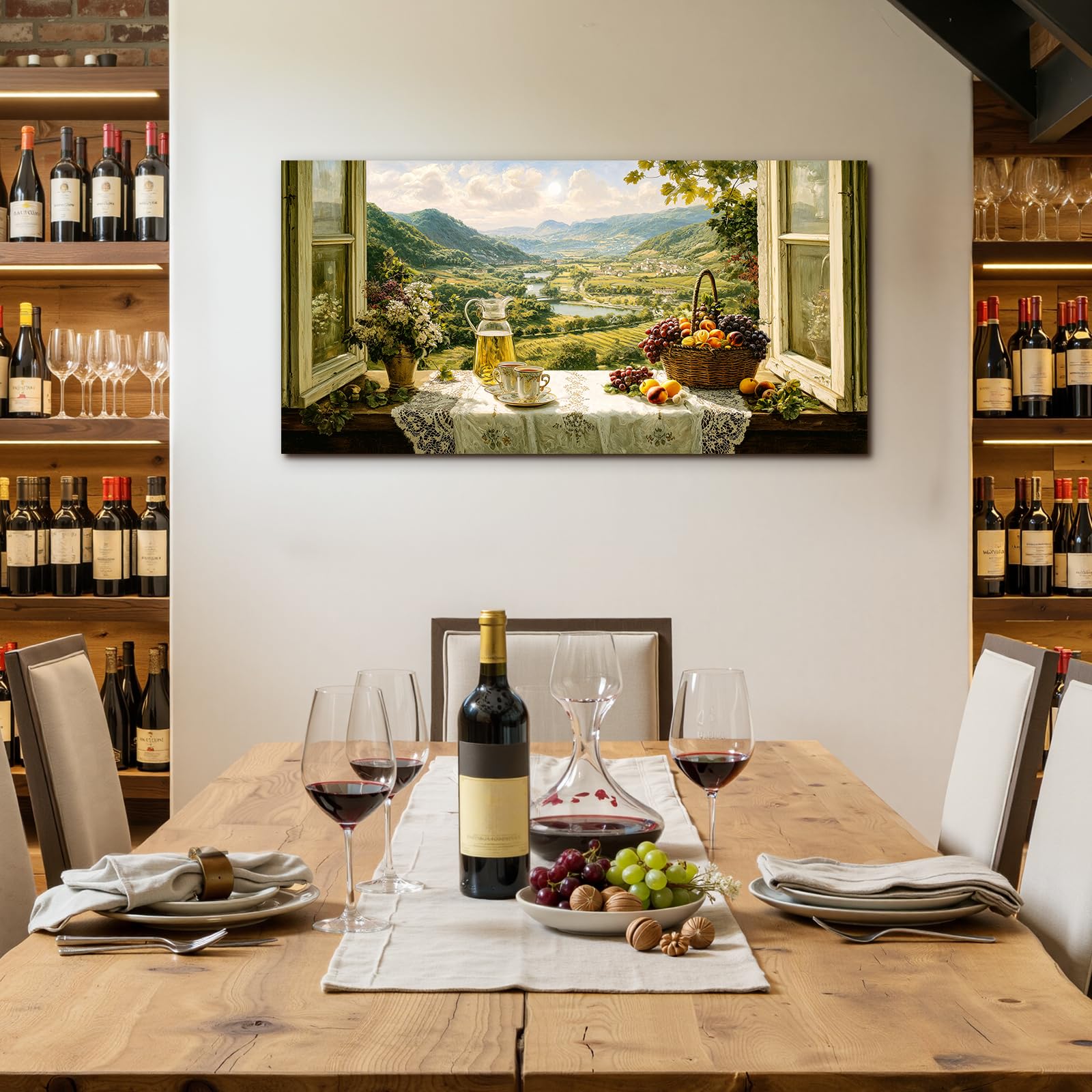 SERIMINO Modern Wandbild Küche Landschaft Leinwand Bilder Groß 59x119 cm | Blumen Früchte Berg Fluss Wanddeko, Hochauflösender Druck, Leinwand Holzrahmen, Einfache Montage, Raum Und Geschenk Geeignet
