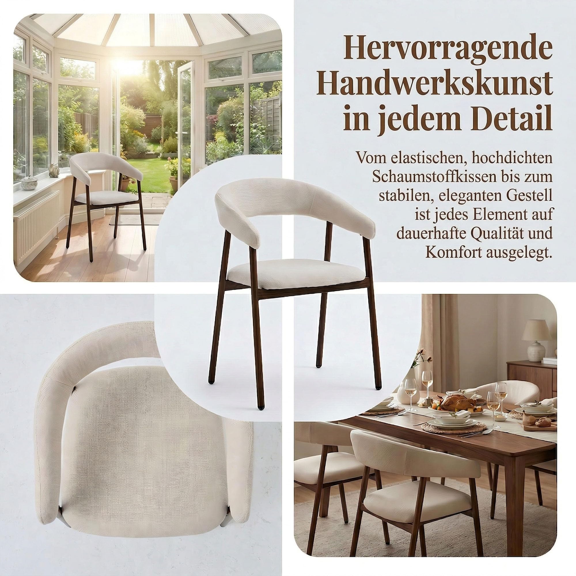 Mittelalter Esszimmerstühle, Beige, 4 Stück, Bogenlehne