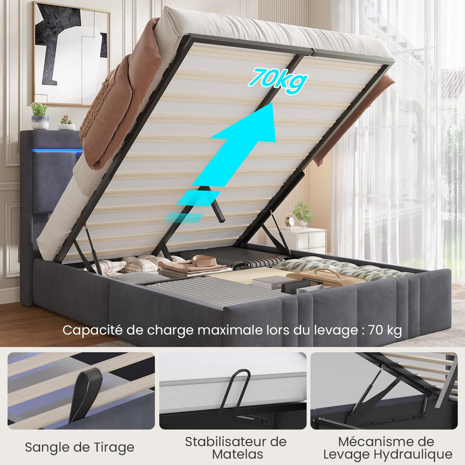 AOGLLATI Camas Matrimoniales 140x190 cm con Almacenamiento Hidráulico, Cama Canape con Luces LED, Somier Estructura de Cama con Estación de Carga, Cama Juvenil Terciopelo Gris Oscuro