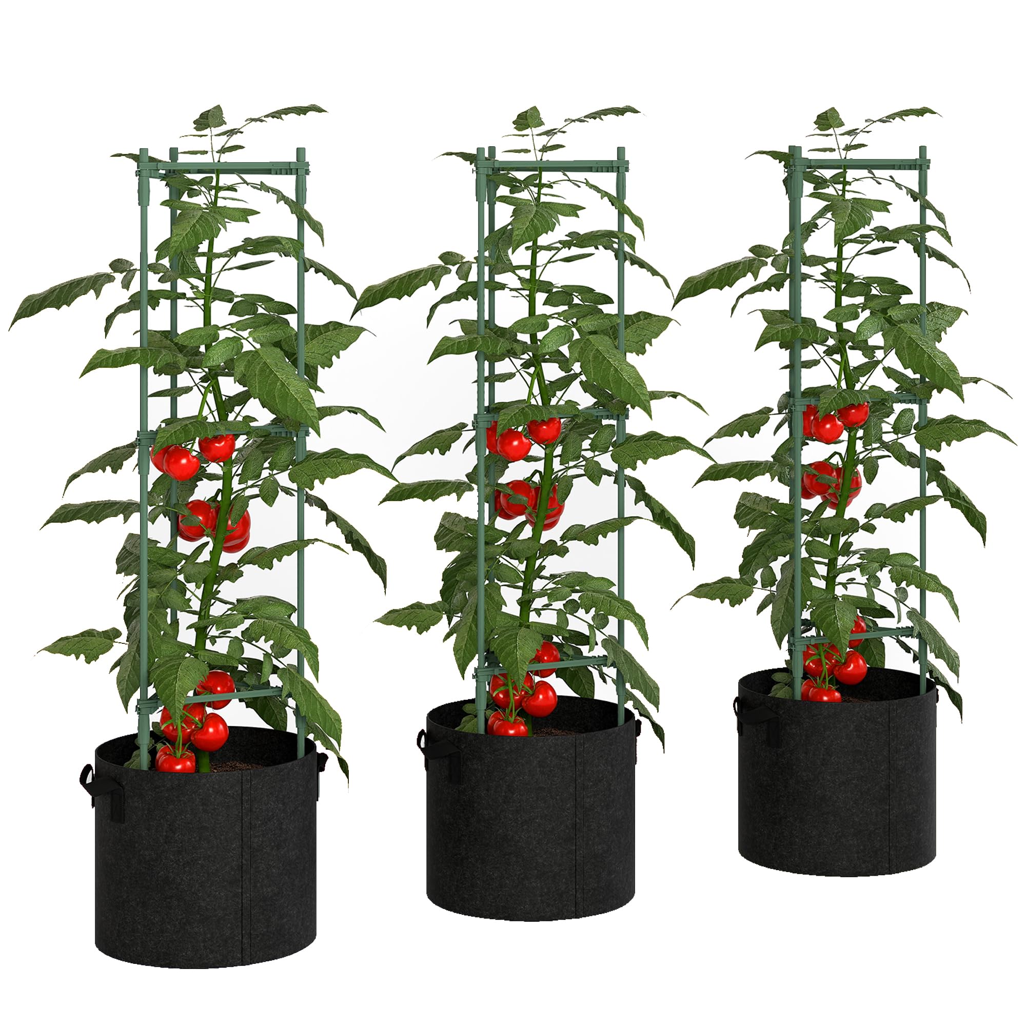 Outsunny 3 Packs Tomato Cages with 83.7L Grow Bags 120cm Adjutstable Stakes