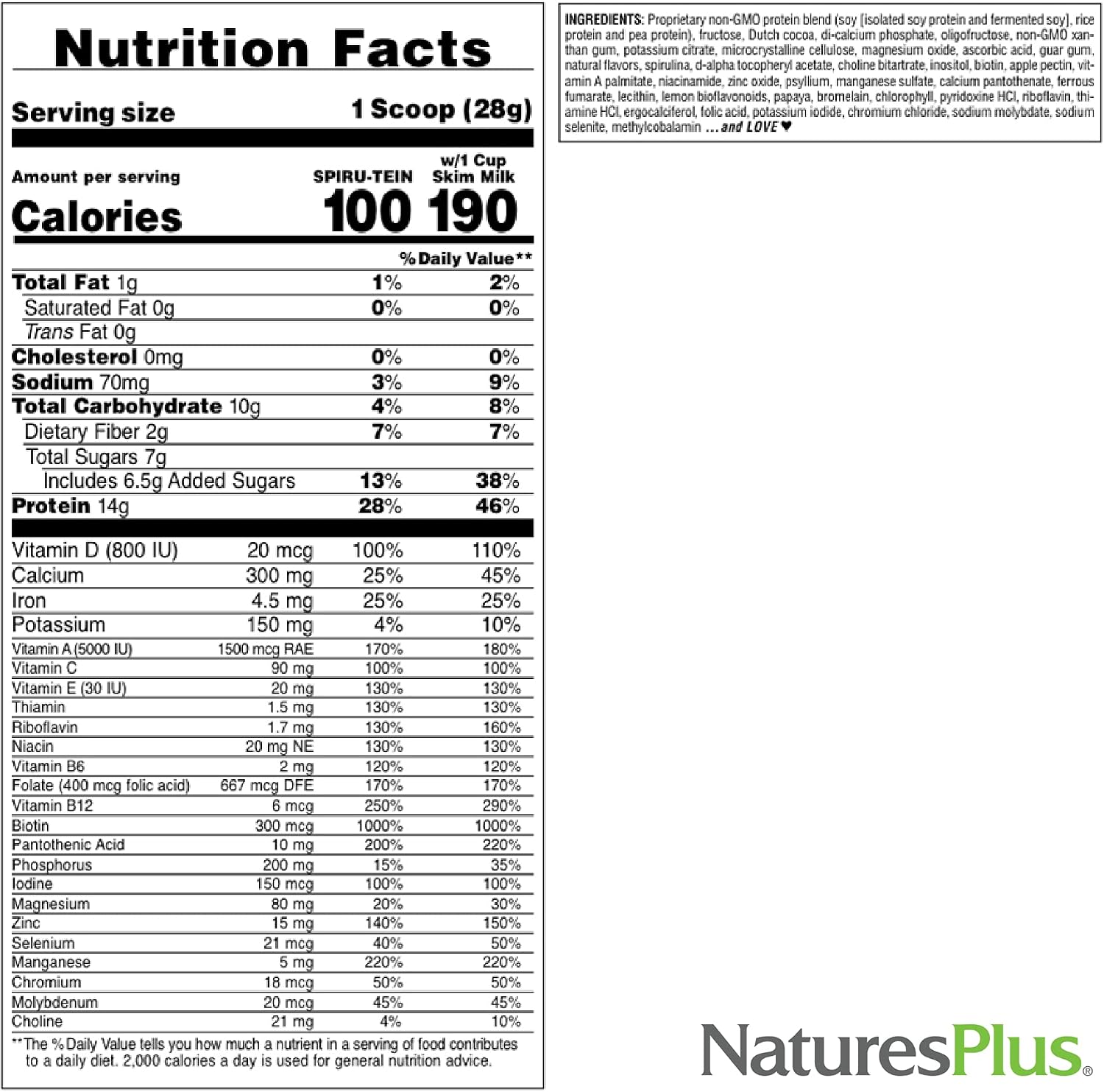 NaturesPlus SPIRU-TEIN, Chocolate - 5 lb, Pack of 2 - Plant-Based Protein Shake - Non-GMO, Vegetarian, Gluten Free - 162 Total Servings