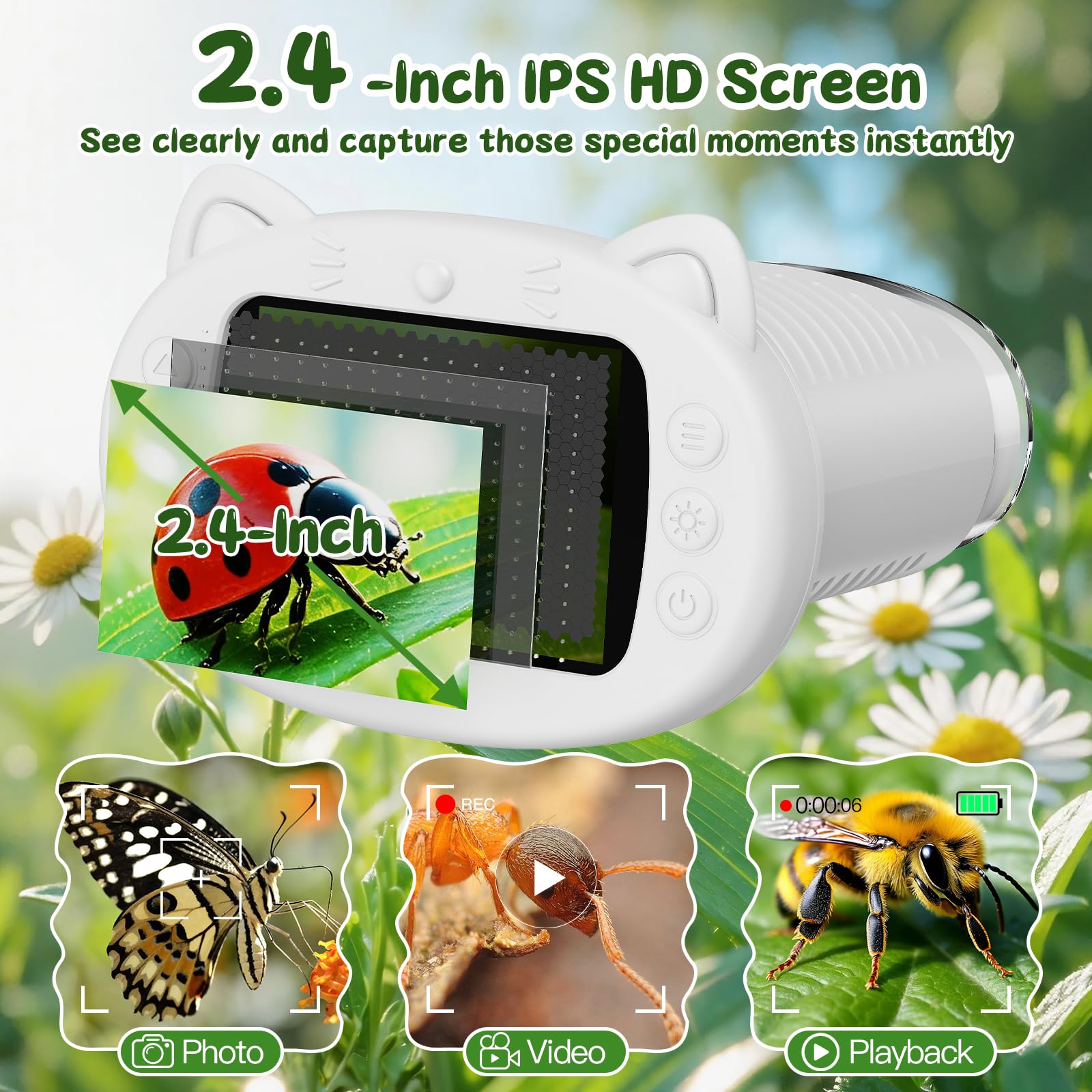 Microscope Portable pour Enfants, Microscope Numérique 1000x avec Écran IPS 2,4 Pouces, Fonction Photo et Compatible PC, Microscope pour Jardin, Forêt et Activités en Plein Air (Blanc)