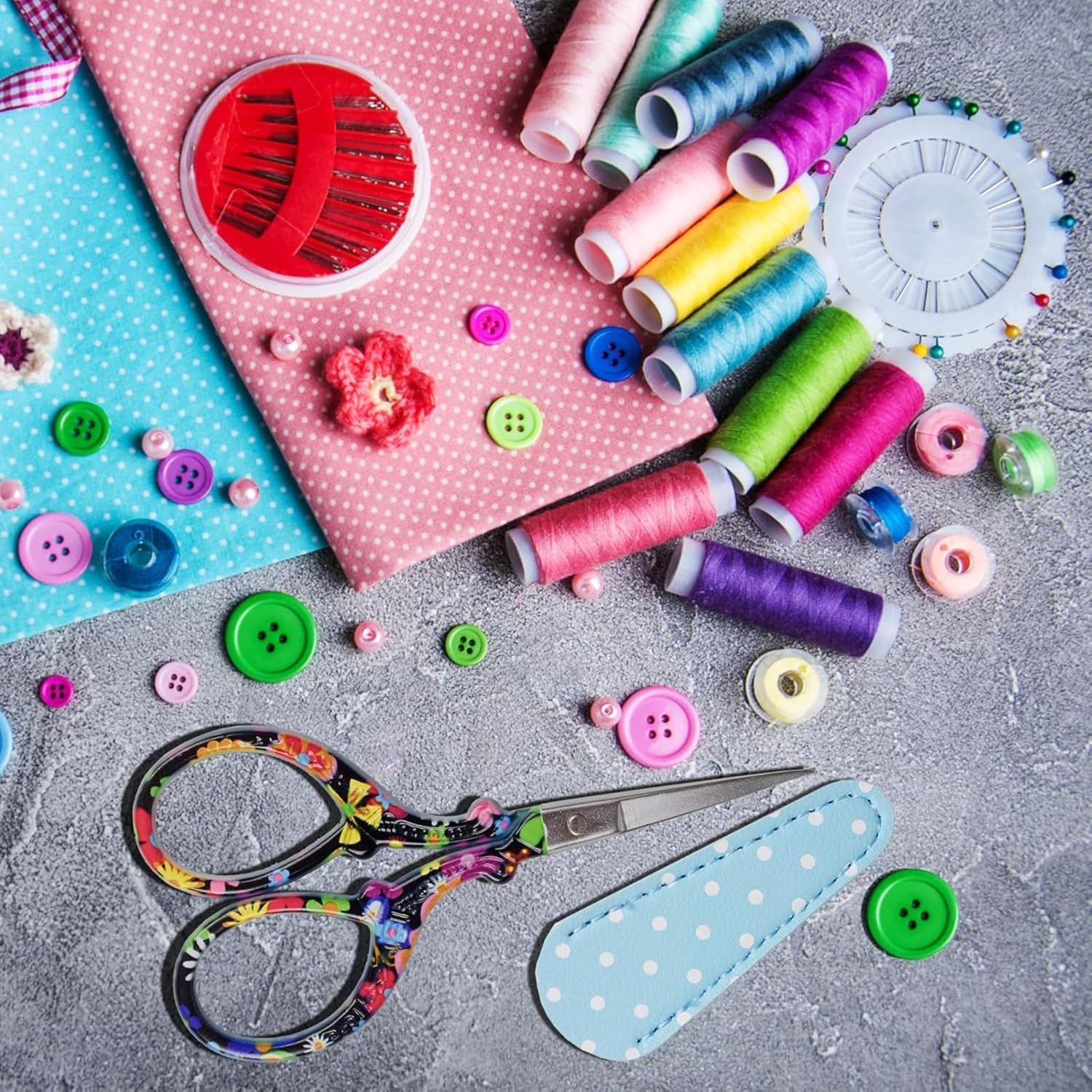 Sharp Craft Scissors Sewing Embroidery Threading Scissors with Leather Cover for Needlework Art Manual Handicraft DIY Tool (Colorful)