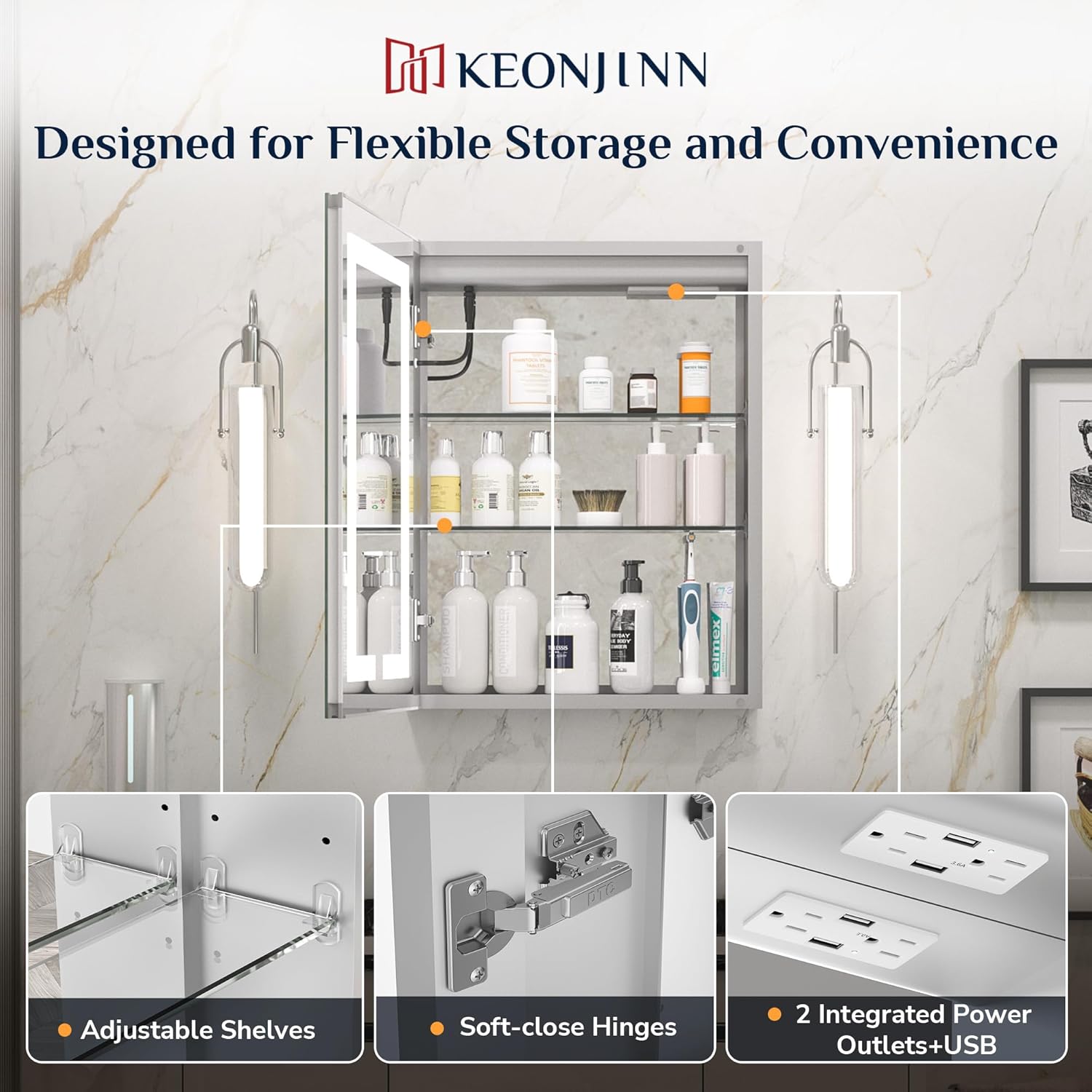 Keonjinn 20 x 26 Inch Lighted Medicine Cabinet with Mirror Surface Mount or Recessed, 3 Color Dimmable Frontlit Medicine Cabinet with Lights, Tempered Glass UL Listed LED 2-Side Mirror with Storage