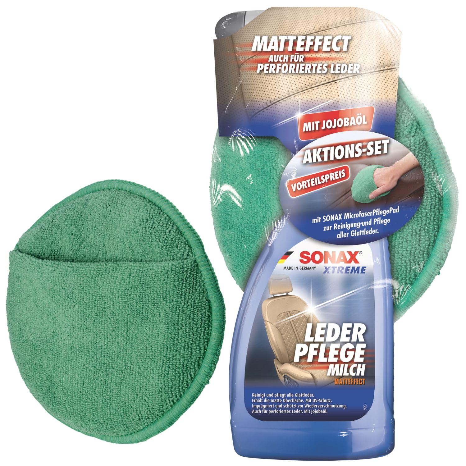SONAX Xtreme LederPflegeMilch (500 ml) mit MicrofaserPad (1 Stück) AktionsSet zur Reinigung und Pflege von glattem Echt- & Kunstleder | Art-Nr. 02547410