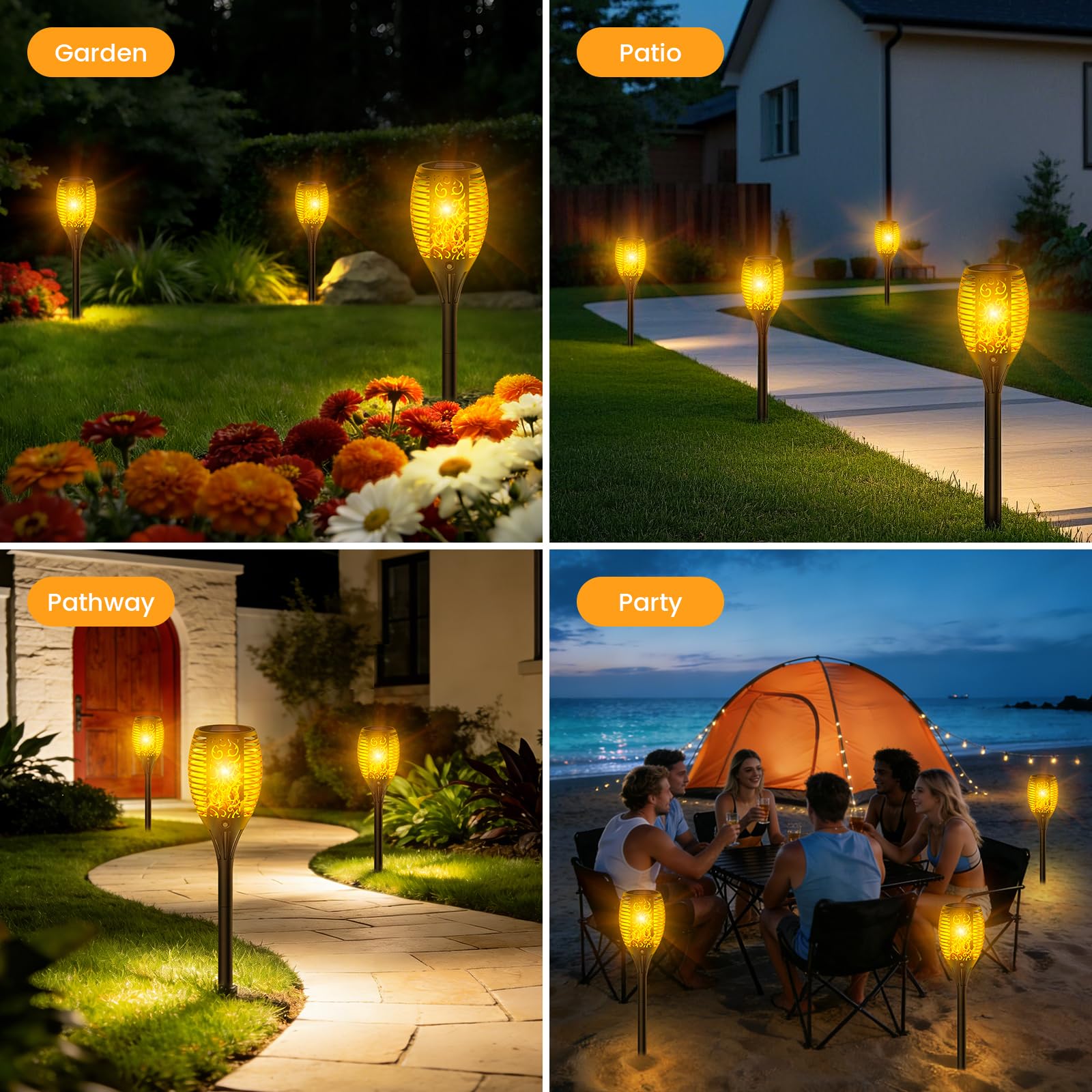 Solarlampen für Außen Garten, 33LED Solarfackeln mit Flammeneffekt, IP65 Wasserdicht Solar Fackeln Gartenfackeln für Draußen 4 Stück für Hinterhöfe, Gärten, Rasen