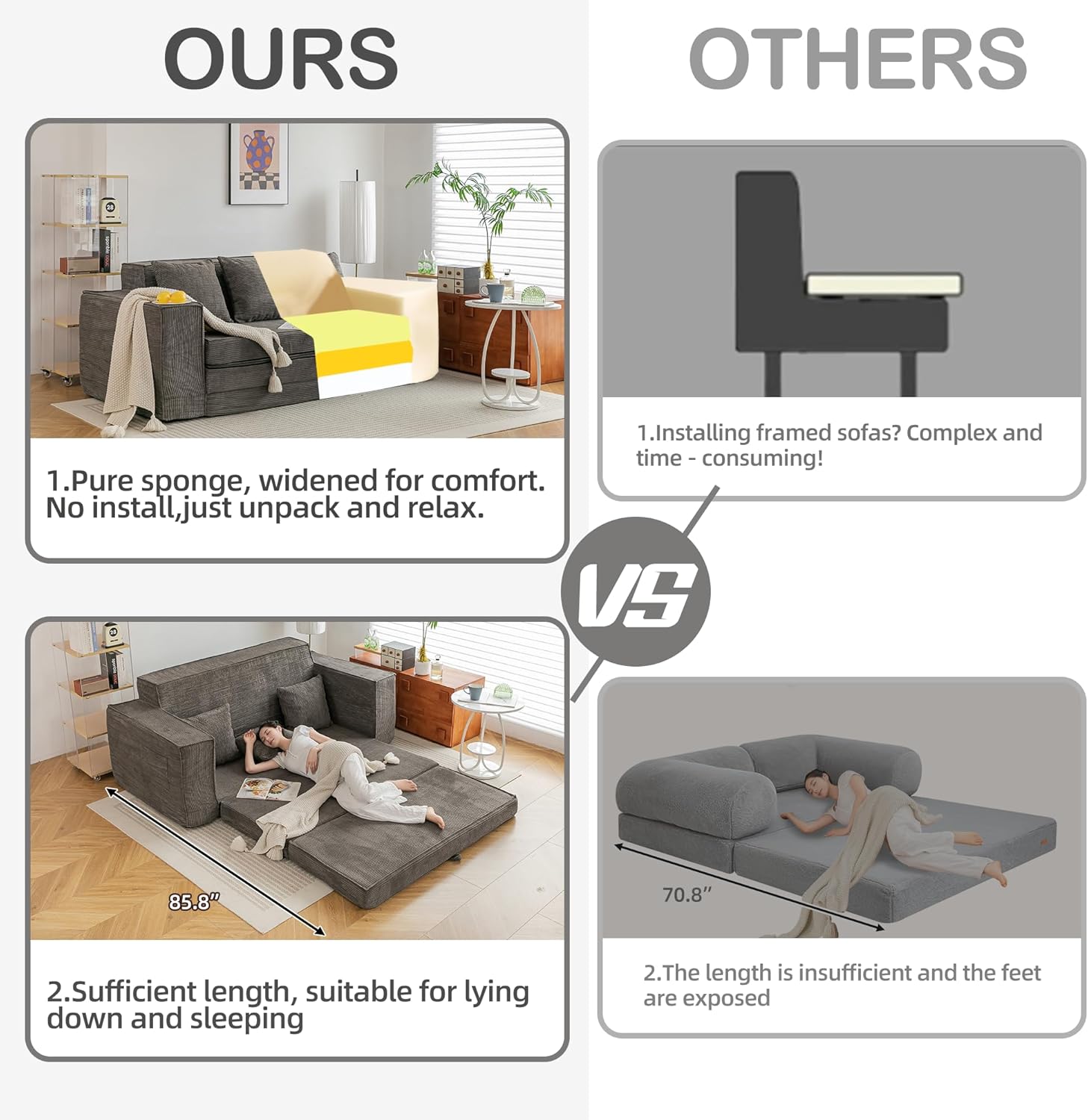 HOMREST Convertible Memory Foam 3-seat Sofa & Loveseat, Pull Out Sleeper Sofa Bed, 2 in 1 Folding Couch Bed, Fold Out Floor Couch Corduroy Fabric with Pillows for Living Room Bedroom Lounge(Grey)