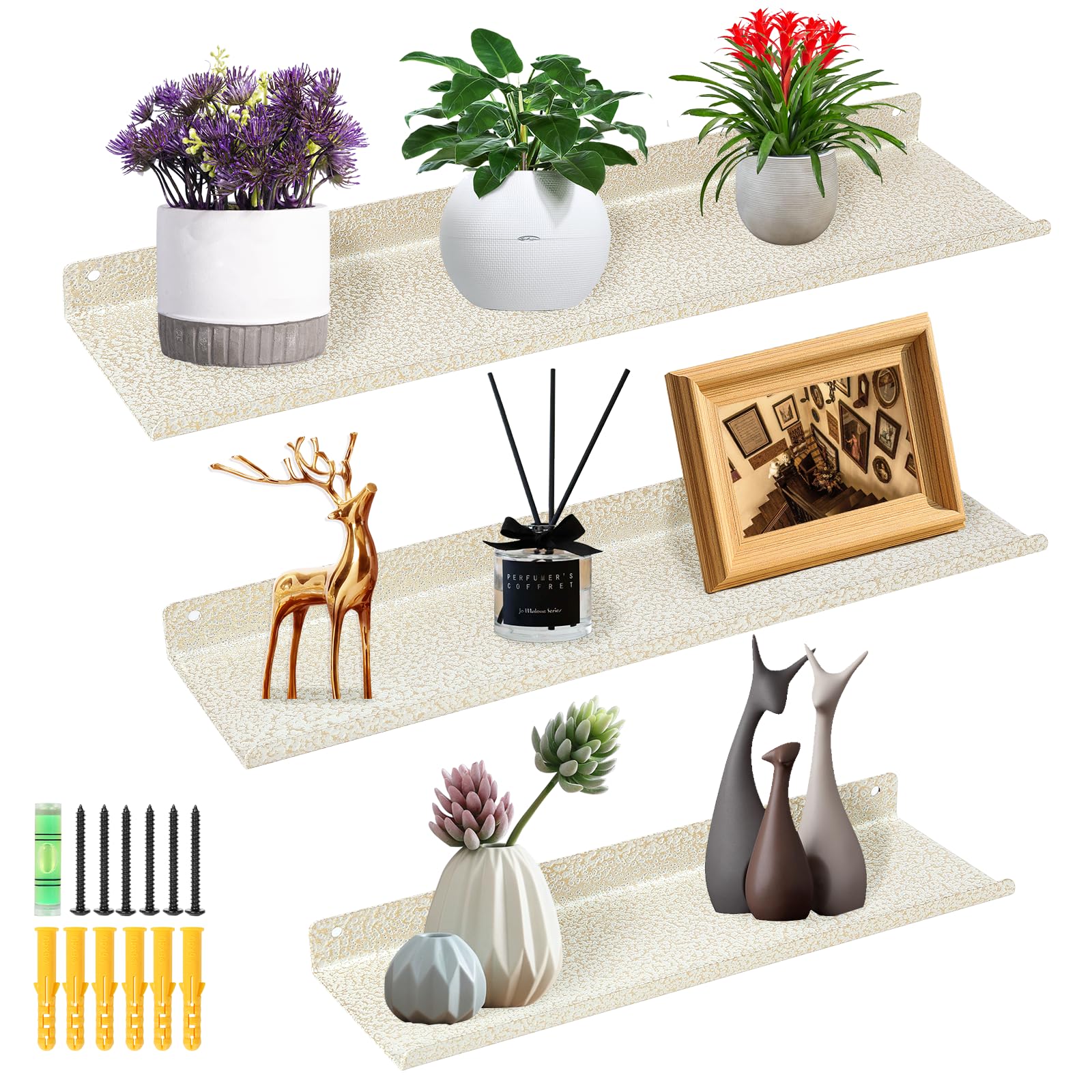 Uten Estantes de Pared, estantes flotantes de Metal, Juego de 3, estantes para Pared para Libros, decoración, salón, Dormitorio, baño, Cocina, Blanco con Rayas Dorada