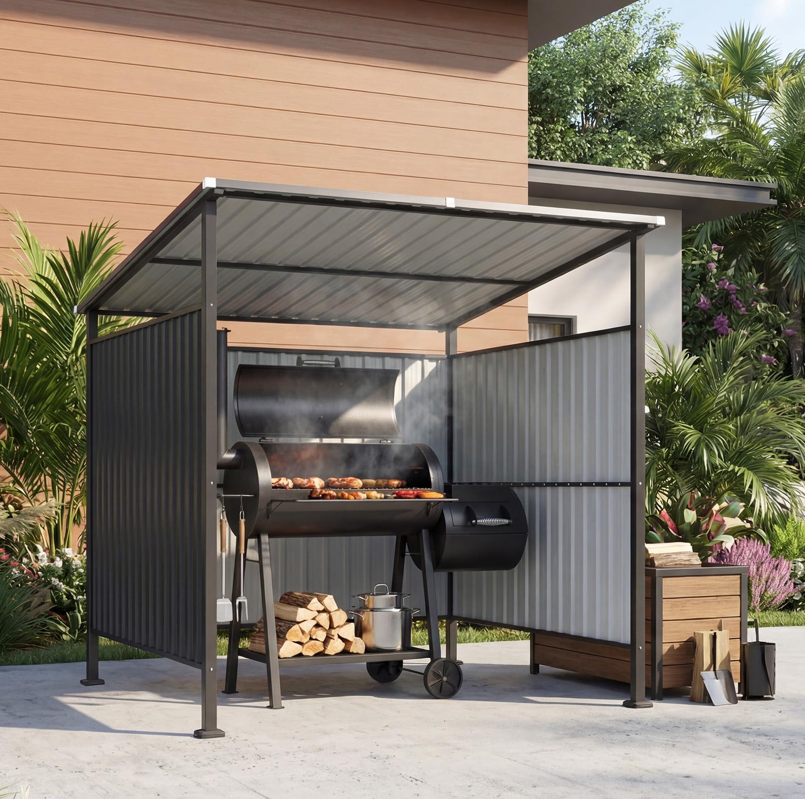 Aoxun 6×6ft Metal Outdoor BBQ Shelter with Anti-Bending Steel Panels & Heavy Duty Roof, Multi-Use Semi Enclosed Bike Shed with Windproof Side Panels for Patio Backyard Barbecue Bicycle Storage