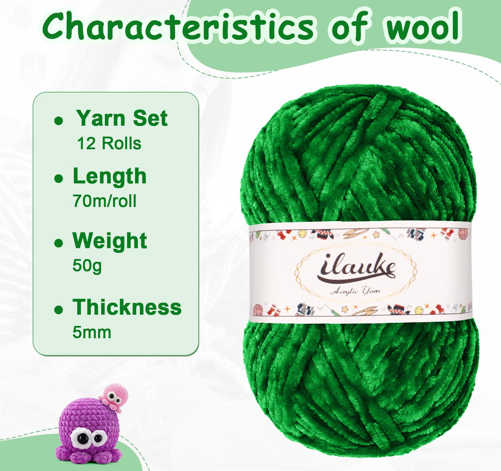 ilauke 600g(12x50g) Fluffy Chenille Yarn, Thick Crochet Yarn with Needles Crochet Accessories& Handbag - Image 4