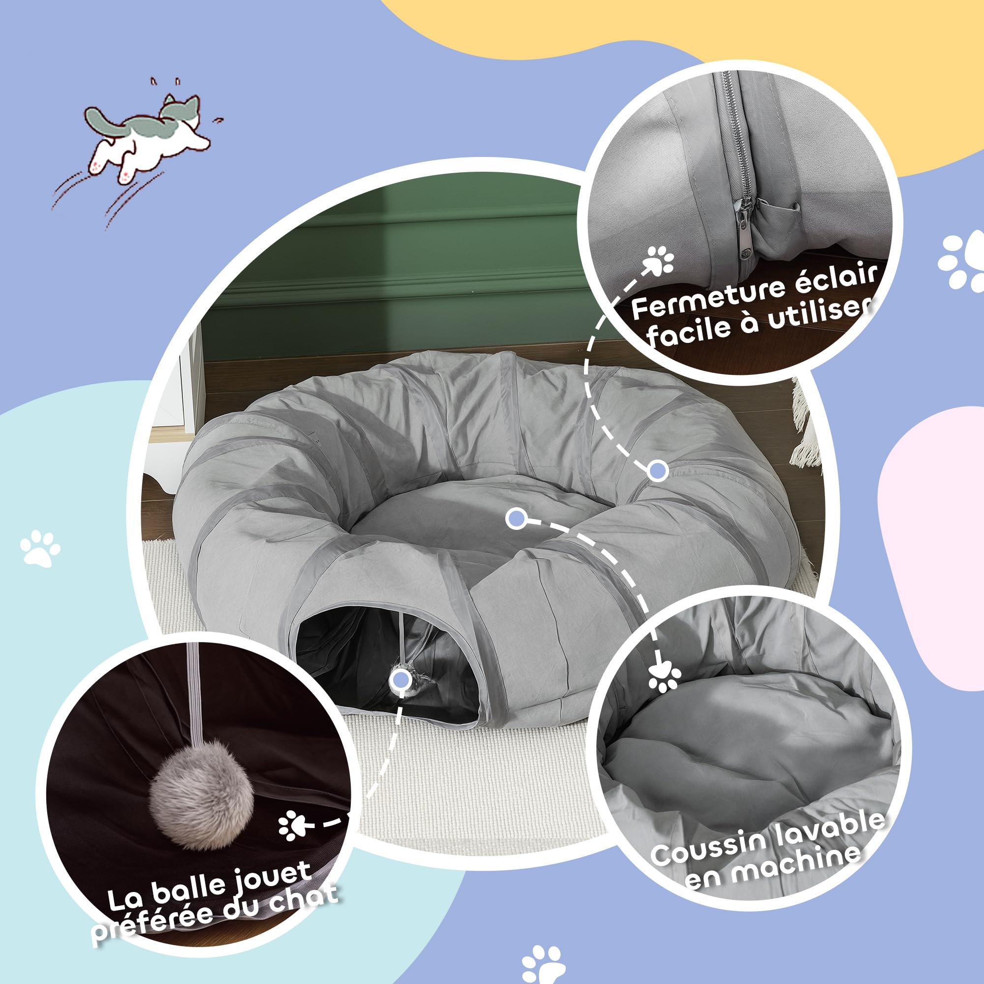 PawHut Tunnel pour Chat intérieur, Rond Tunnel avec lit Pliable avec Coussin, Trous pour balles et Judas, en Tissu suède Doux, Jeux interactifs pour Chatons, Chiots, Lapins et Petits Animaux, Gris
