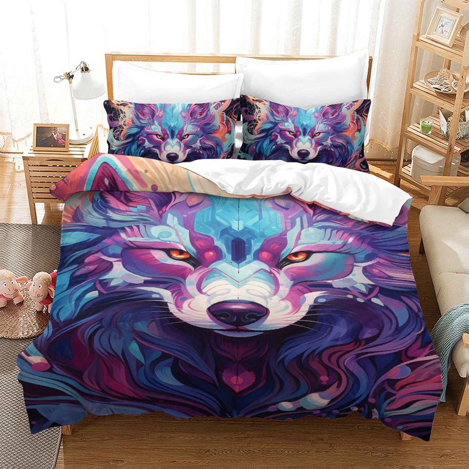 Housse de couette loup 140x200cm imprimé 3D avec 2 taies d'oreiller pour lit simple