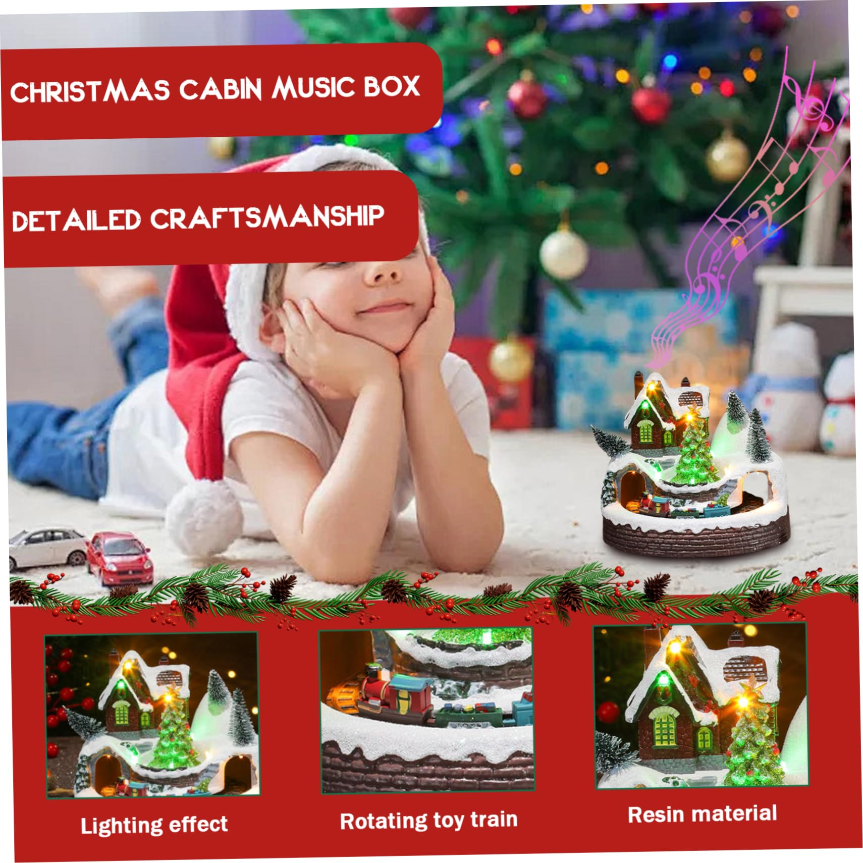 Figurines de Village de Noël avec Train tournant et Arbre Noël, Maison Village en résine avec Musique et lumière LED pour décoration fête, Ensembles