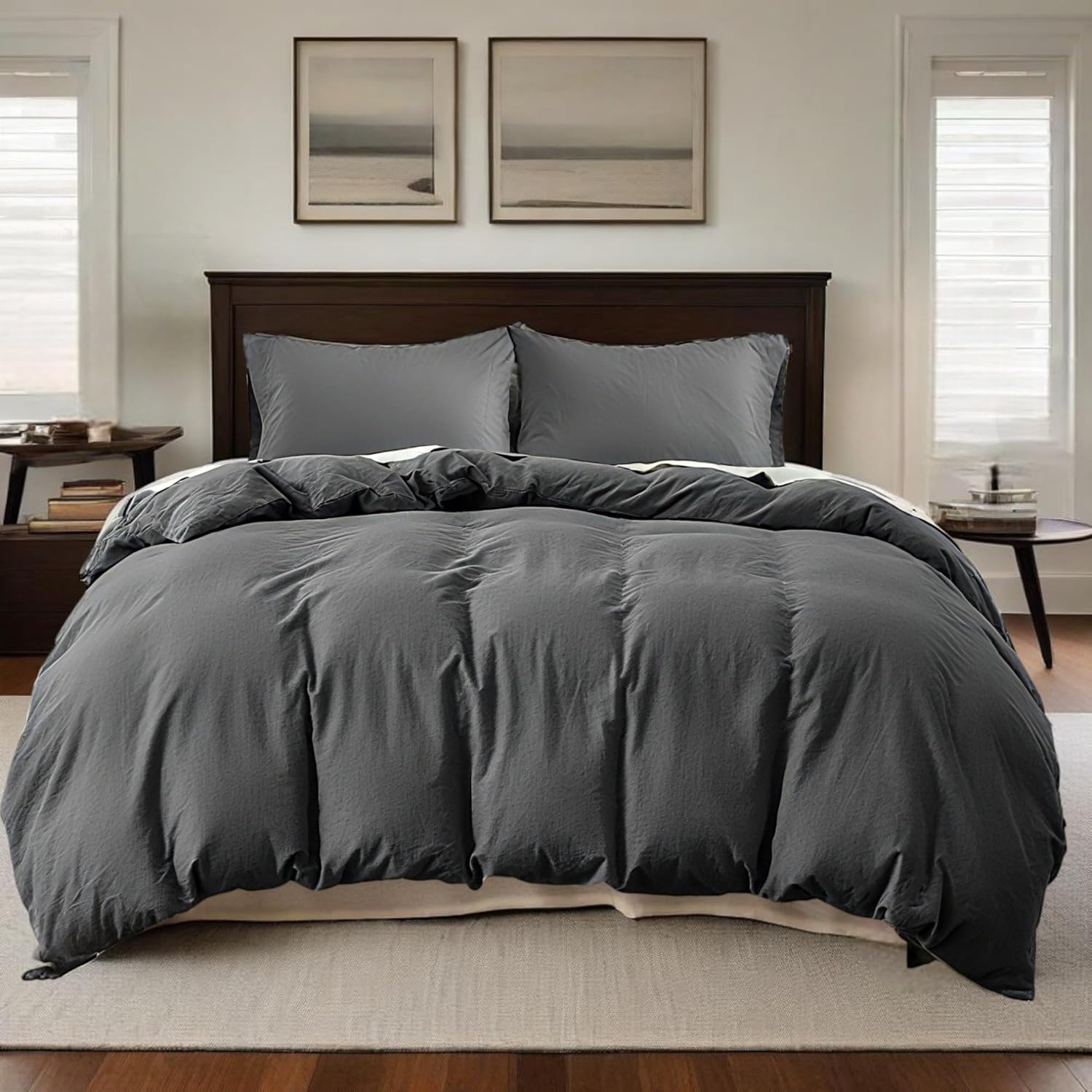 Flax Linen Duvet Cover Queen Size, 3PCS Natural French Linen Cotton Duvet Cover Set-1 Duvet Cover & 2 Pillowcases, Soft Breathable Comfy Linen Blend Bedding Set (Dark Grey, 88" X 92") - Image 3