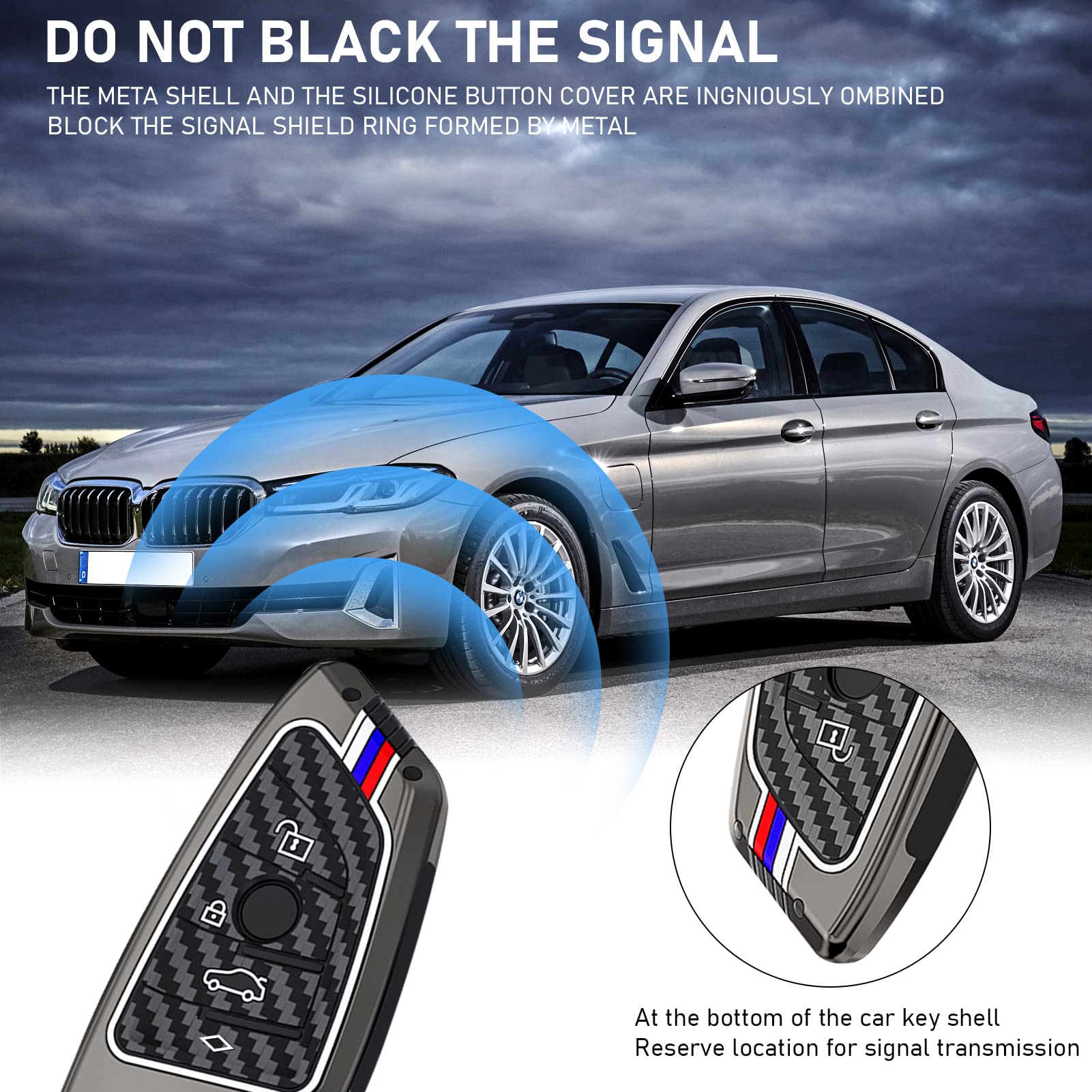 Yumzeco Cover per Chiave Auto Compatibile con BMW 2 3 5 7 X1 X3 X4 X5 X6 M5 | 4 Tasti Lega di Zinco Chiave Custodia Telecomando Modello in Fibra di Carbonio Chiavi Copri Protezione con Portachiavi Grigio
