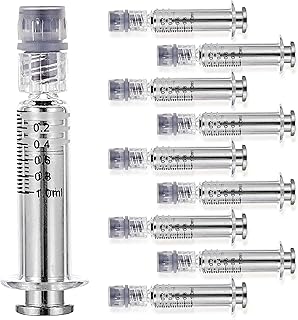 1ML Borosilicate Glass Syringe with Silver Metal Plunger | 10 Pack | Anti-Leak Luer Lock Syringe without Needle | Accurate Measuring Syringe for Liquid, Glue, Oil w/ Borosilicate Glass Tube