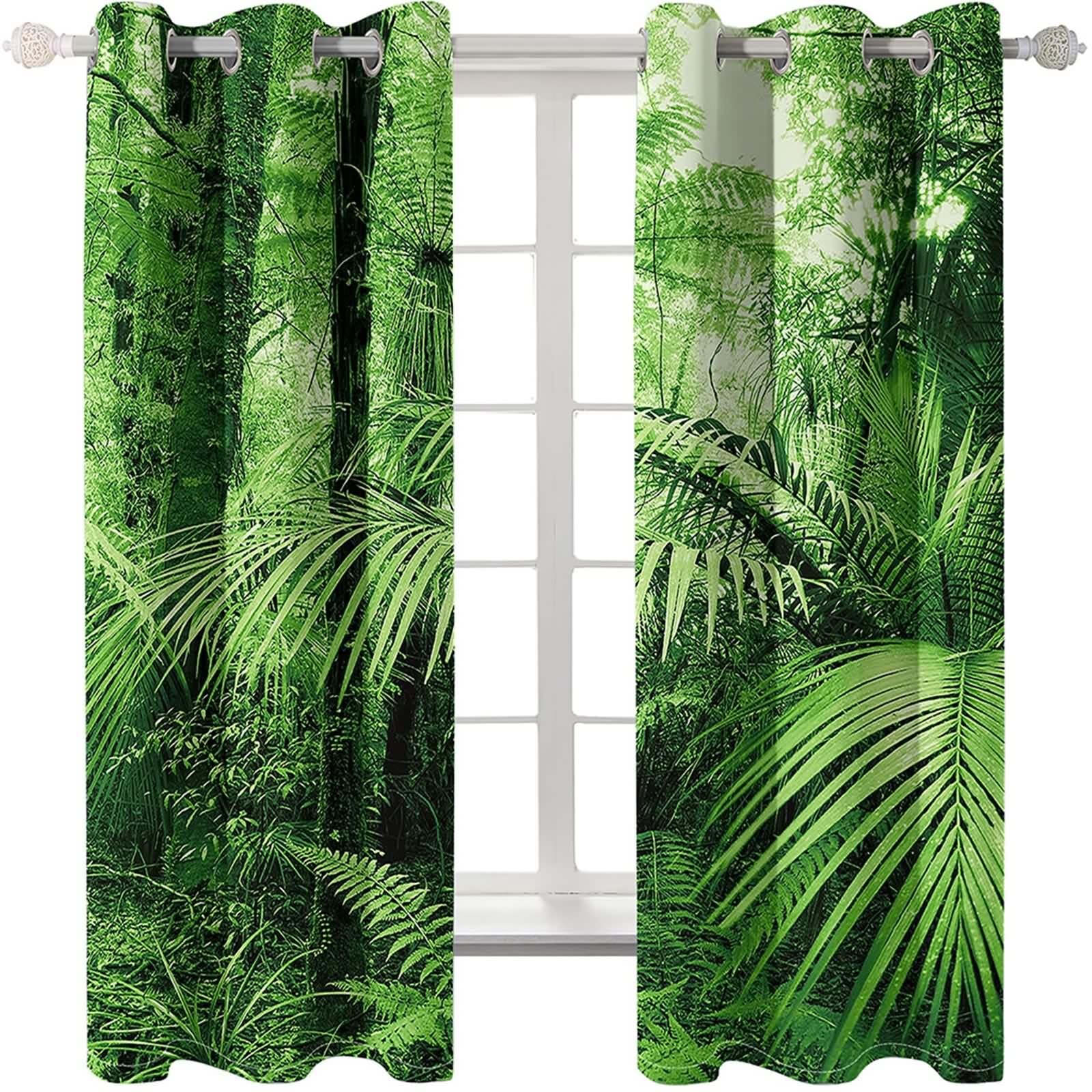 Rideau Vert Mariage, Rideaux Fenetre Chambre Polyester Paysage de Feuilles et D'Arbres 86L x 214H CM Lot de 2