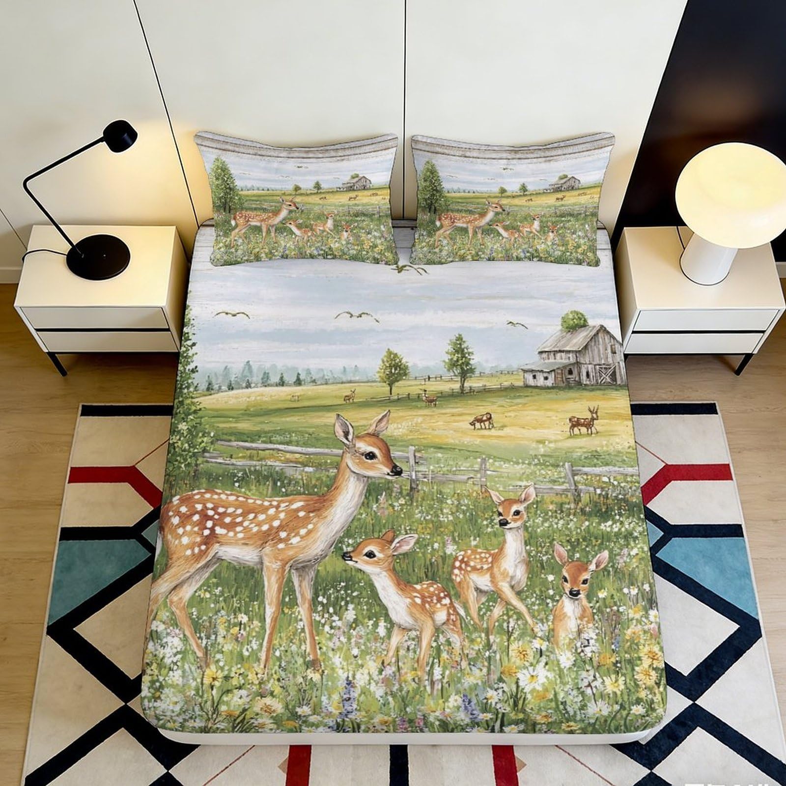 3D Printed Deer Meadow Fitted Sheet Microfiber Soft Anti-Slip Forest Landscape Bed Cover for Bedroom Guest Room 90x200x25cm