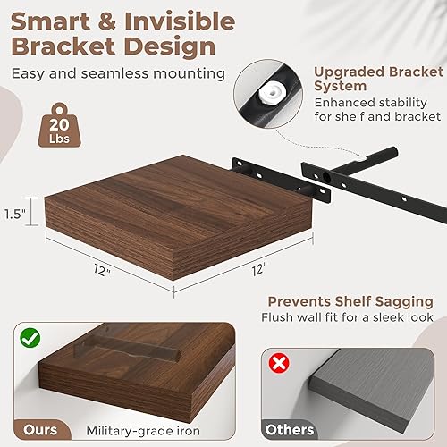 Miniatura 3 de Estantes flotantes cuadrados de 12 pulgadas para pared, paquete de 2, estantes de baño de grano de madera de 12 pulgadas de profundidad con soportes