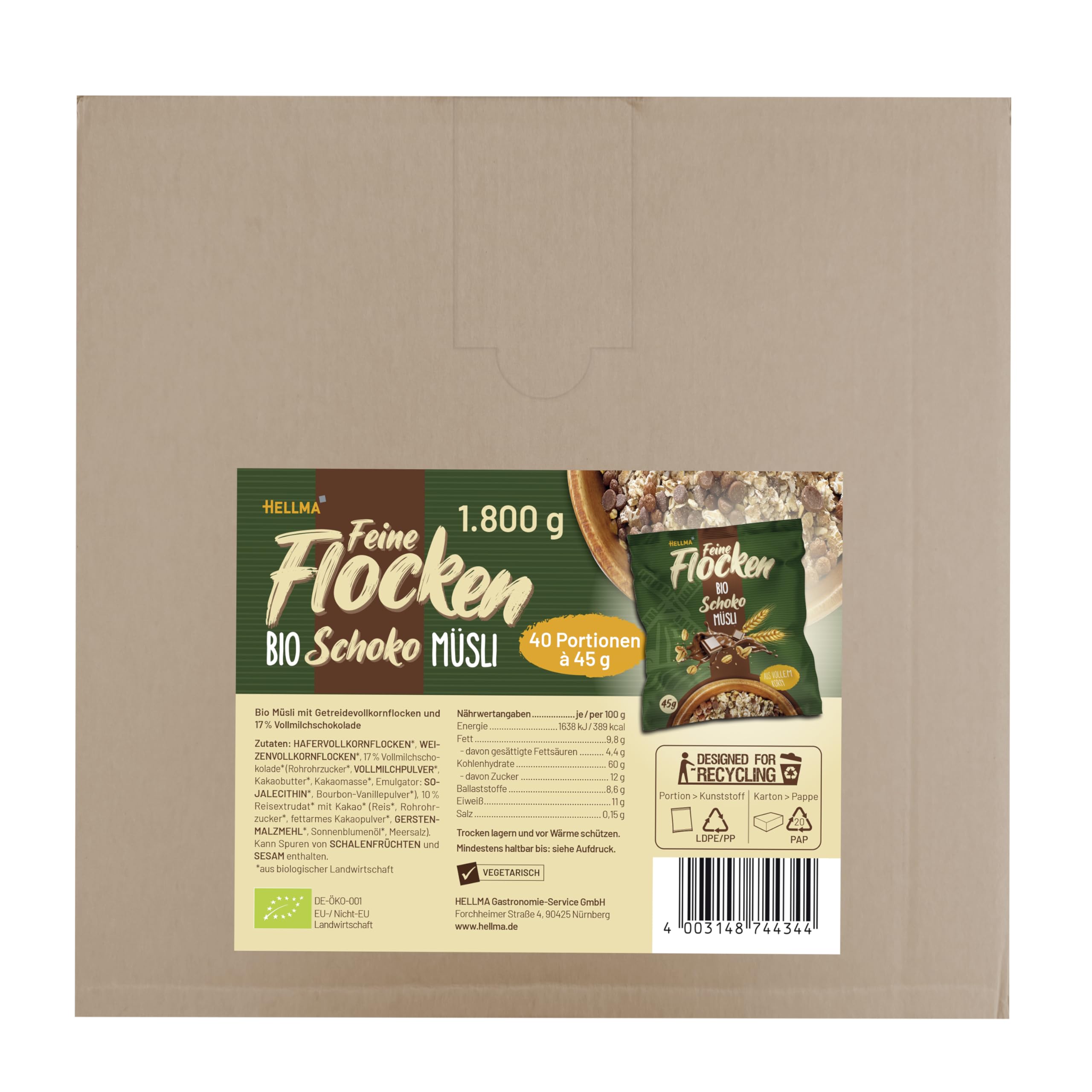 HELLMA Hellma Bio Schoko Müsli - 40 Portionen, je 45 g – Haferflocken mit Raspeln aus Bio-Vollmilchschokolade