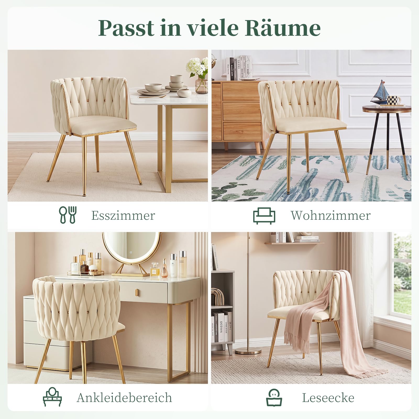 Esszimmerstühle 2er Set mit Armlehne, Handstricken Polsterstuhl Küchenstuhl aus Samt und Goldenen Beinen, Armlehnstühle für Esszimmer, Küche und Wohnzimmer, Beige