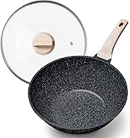 CAROTE 12 Inch Nonstick Granite Wok with Lid, 5.3QT Induction Compatible Stir Fry Pan, All Stovetops PFOA Free