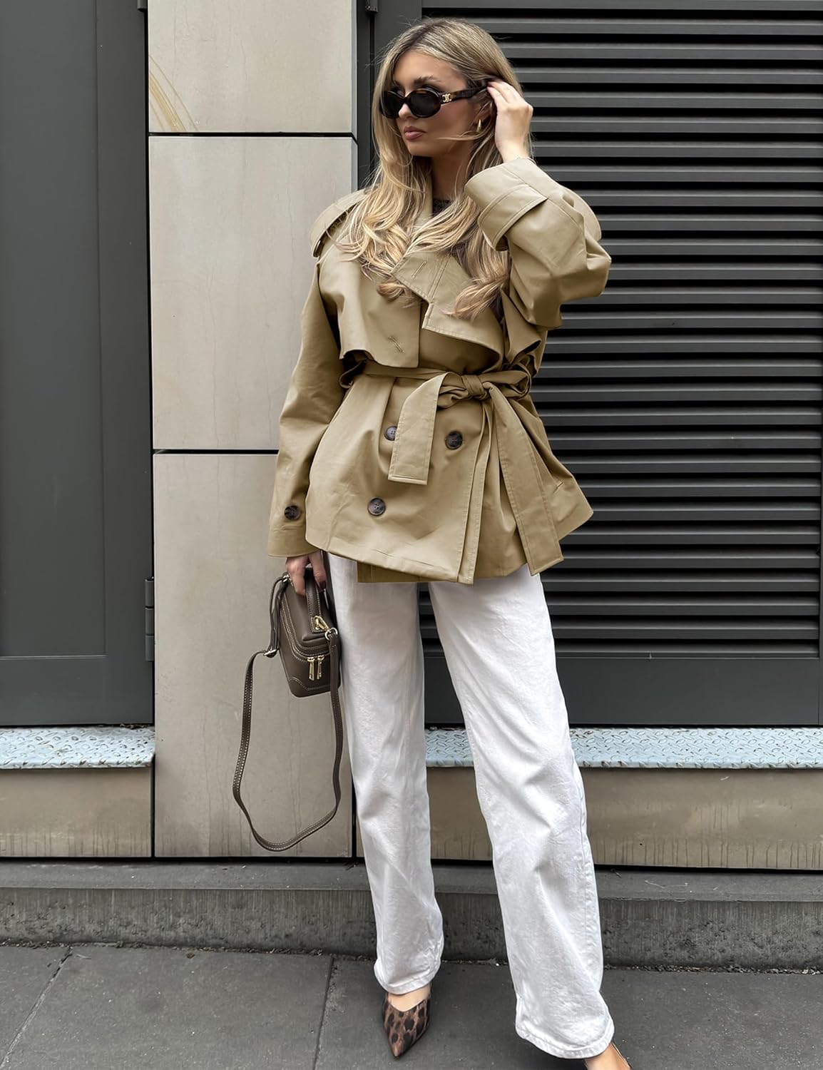 Lingswallow Cropped Trench Coat for Women Double Breasted Lapel Short Jacket Crop Coats with Belt - Image 6