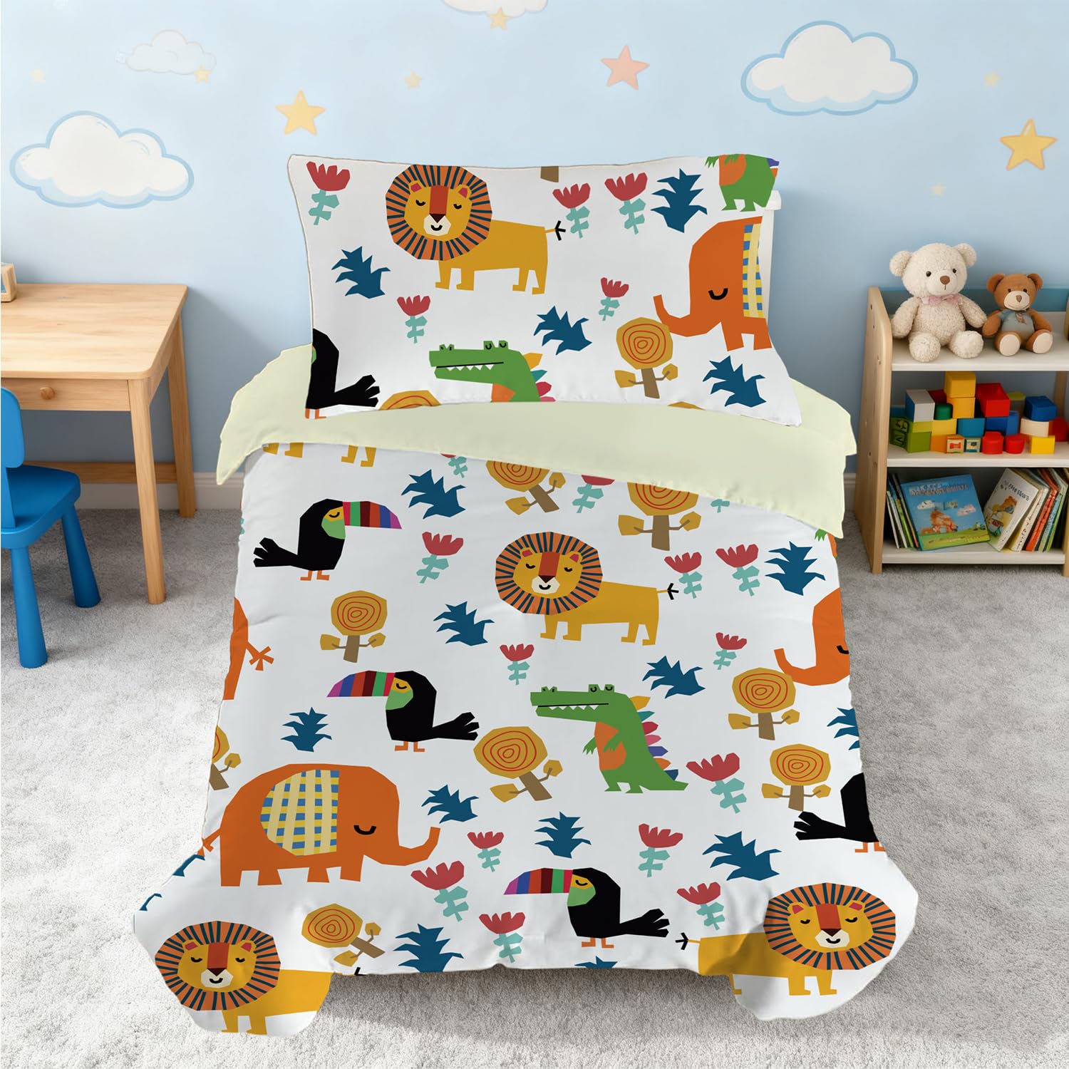 ROZTYLJ Cot Bed Duvet Cover Set Animals, Soft Microfibre Kids Bedding Set for Boys and Girls, Toddler Duvet Cover 120x150cm with Pillowcase 40x60cm