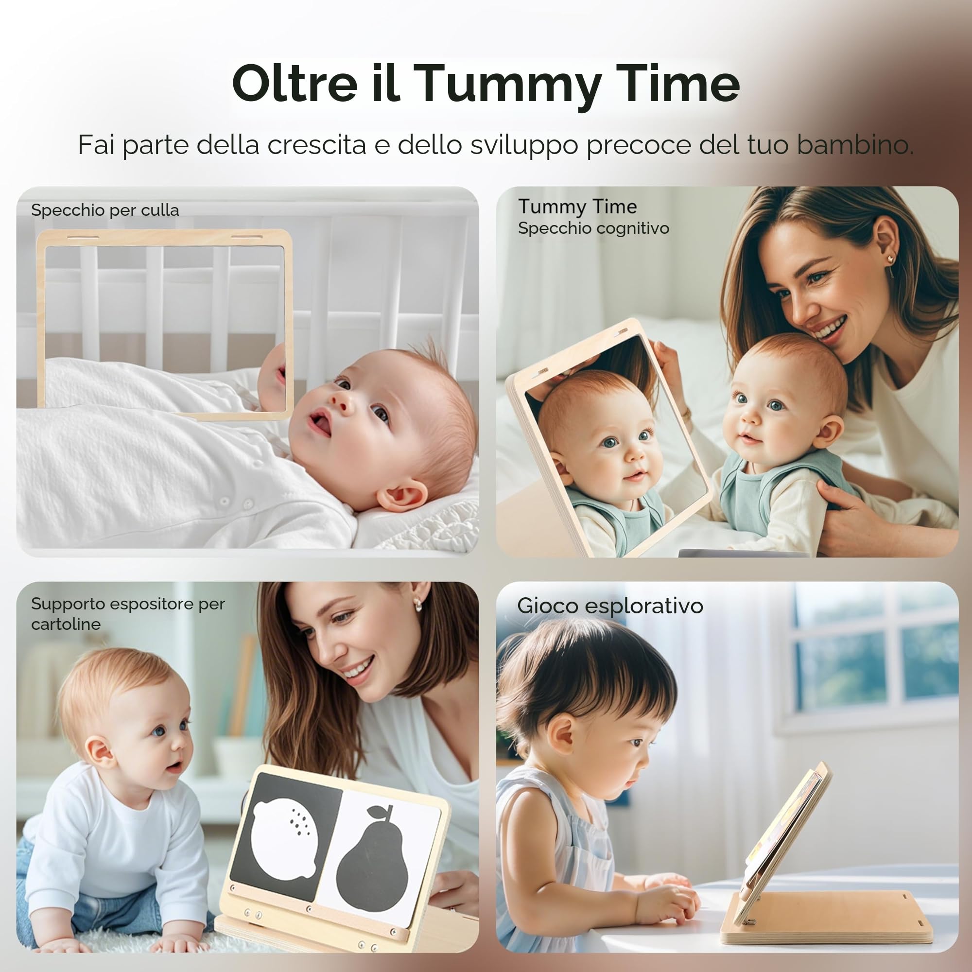 WOODEN TEETHER Giocattolo per bambini Montessori - specchio in legno per neonati 0-12 mesi regalo Neonato