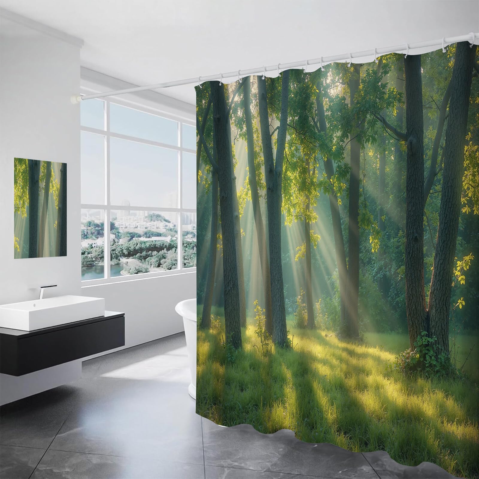 Rideau Douche,Rideau Baignoire Lavable en Machine Rideaux Douche Tissus Lavable Rideau De Baignoire Lavable pour Salle De Bain Domicile Baignoire Famille,Forêt Ensoleillée,