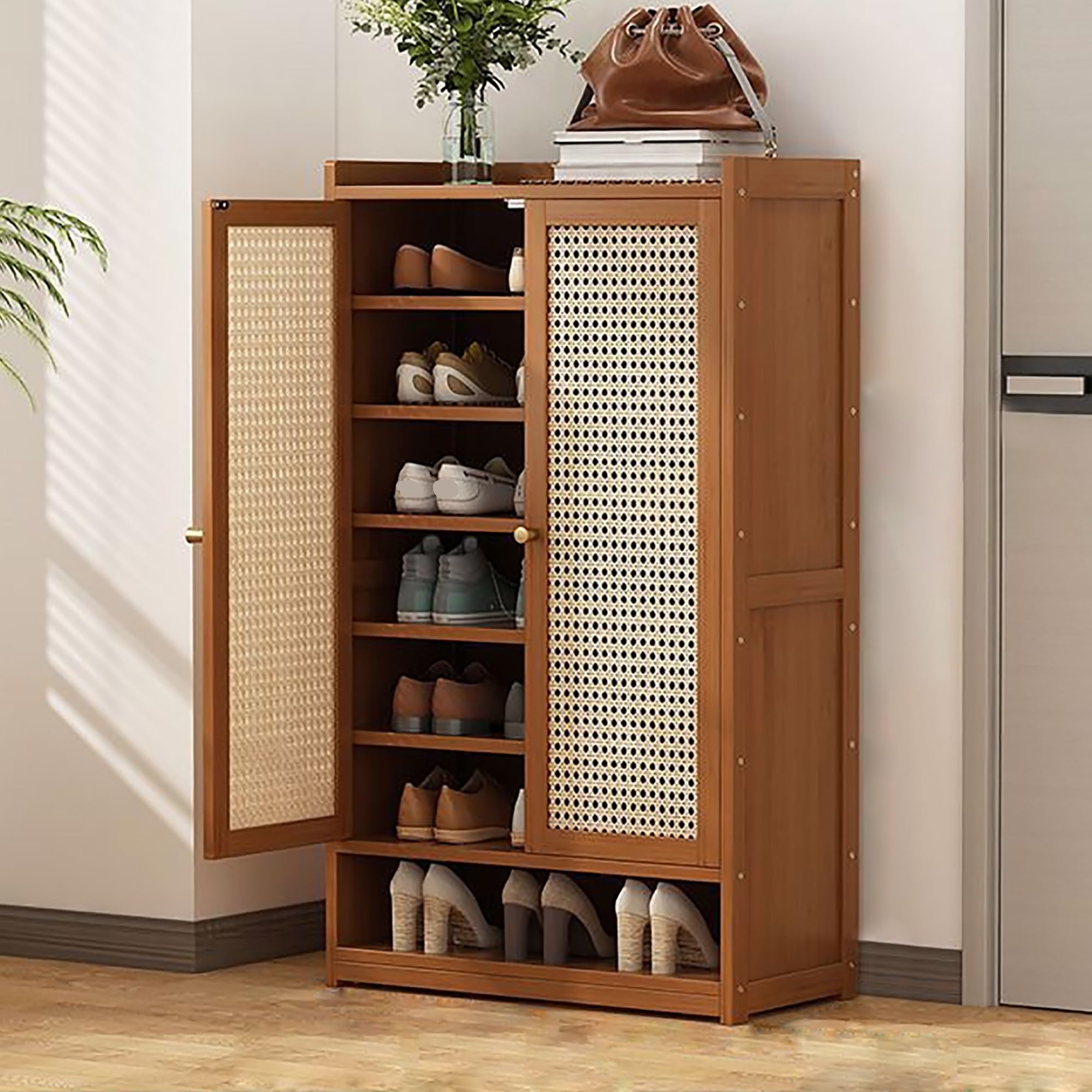 Shoe organizer for entryway, hidden shoe cabinet, shoe cabinet with doors, Rattan Cabinet, Sideboard Storage Cabinet with Crafted Rattan Front, Adjustable Shelves Rustic Oak (Color : Brown, Size : 2