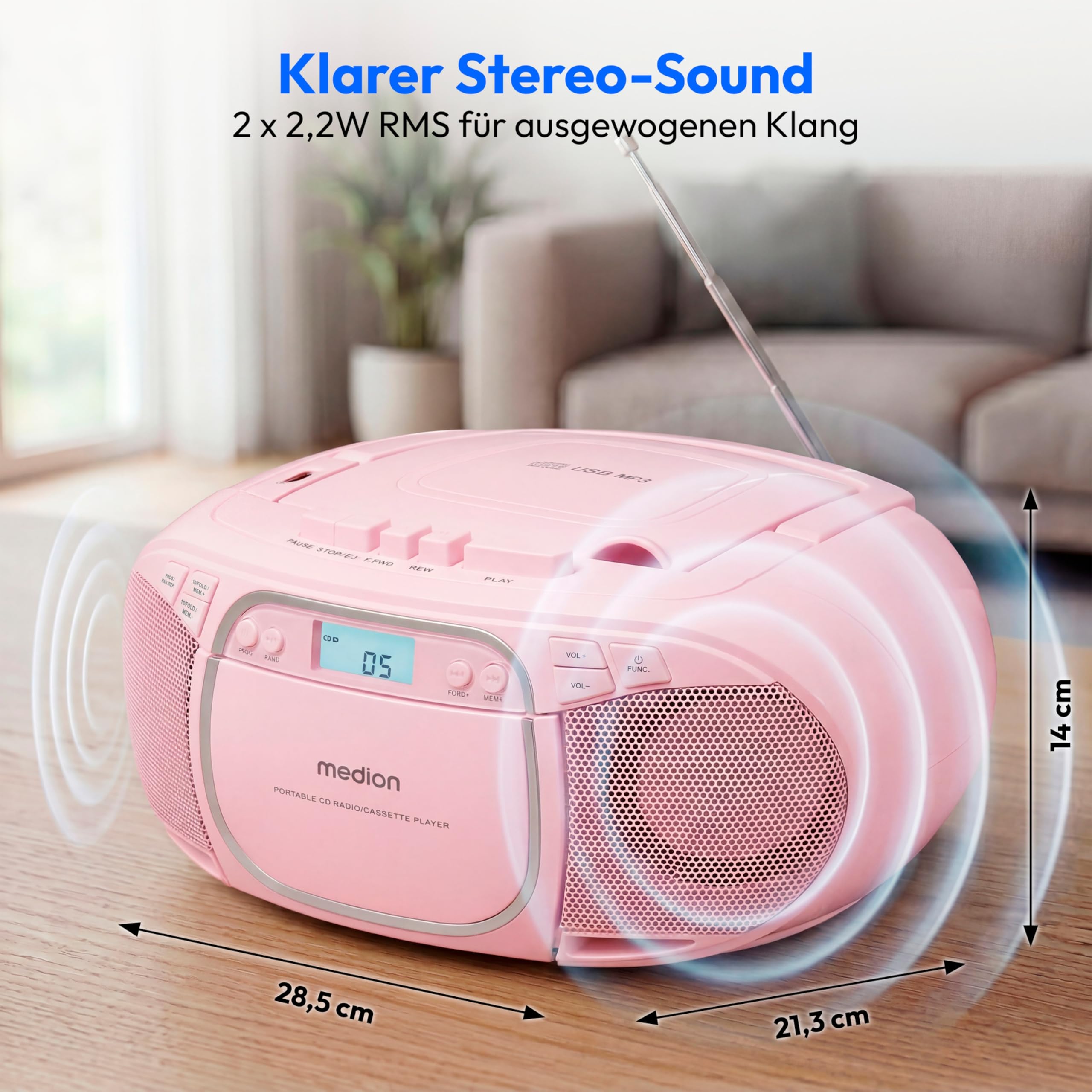 MEDION E66476 Stereo Sound System (Boombox, CD-Player, MP3, Kassette, tragbarer Kassettenspieler für Kinder, UKW Radio, AUX, Kopfhörer, Netz & Batterie) Pink