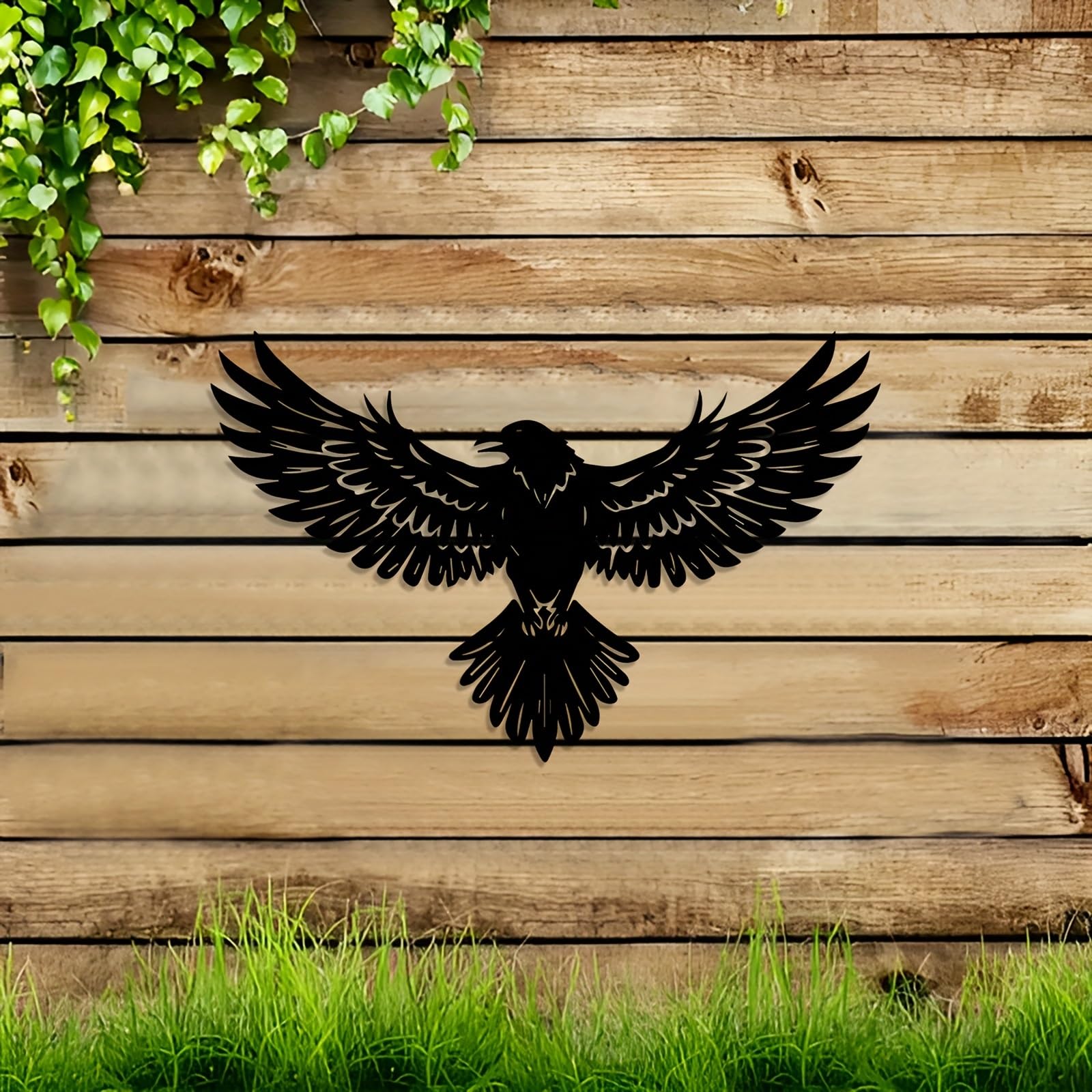 Decoración de pared abstracta contemporánea de metal, arte gótico de cuervo, mural de estatua de silueta de hierro negro con plumas detalladas para interiores/exteriores, hogar, jardín, sala de e