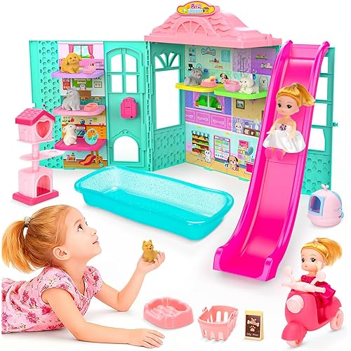 Dollhouse of Pets Toy Play Set, Foldable Pets Doll House with 31PCS Includes 2Dolls, Motor, Pool, 6Little Pets, Slide and Sounds, Pretend-Play Toddler Playhouse Ideal Gift for Children aged 3+