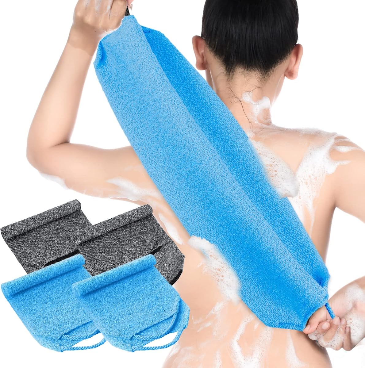 Moukeren Exfoliating Back Scrubber with Handles 4 Pack Nylon Back Exfoliator Extended Length Washers Scrubbers Stretchable Pull Strap Exfoliating Washcloth(Gray, Deep Blue)