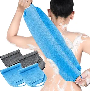 Moukeren Exfoliating Back Scrubber with Handles 4 Pack Nylon Back Exfoliator Extended Length Washers Scrubbers Stretchable Pull Strap Exfoliating Washcloth(Gray, Deep Blue)