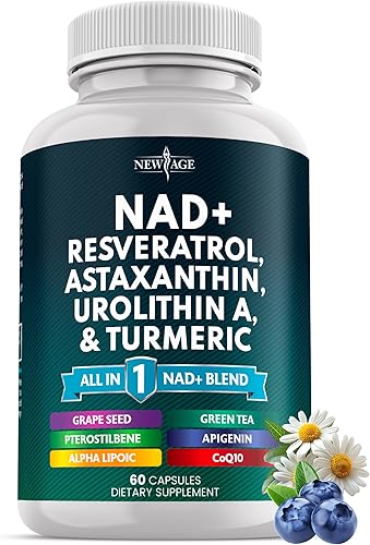 Suplemento NAD+  Astaxantina, Urolitina A, Resveratrol, CoQ10 y mezcla de antioxidantes  Energía celular, apoyo mitocondrial  Vegano, sin OMG  60
