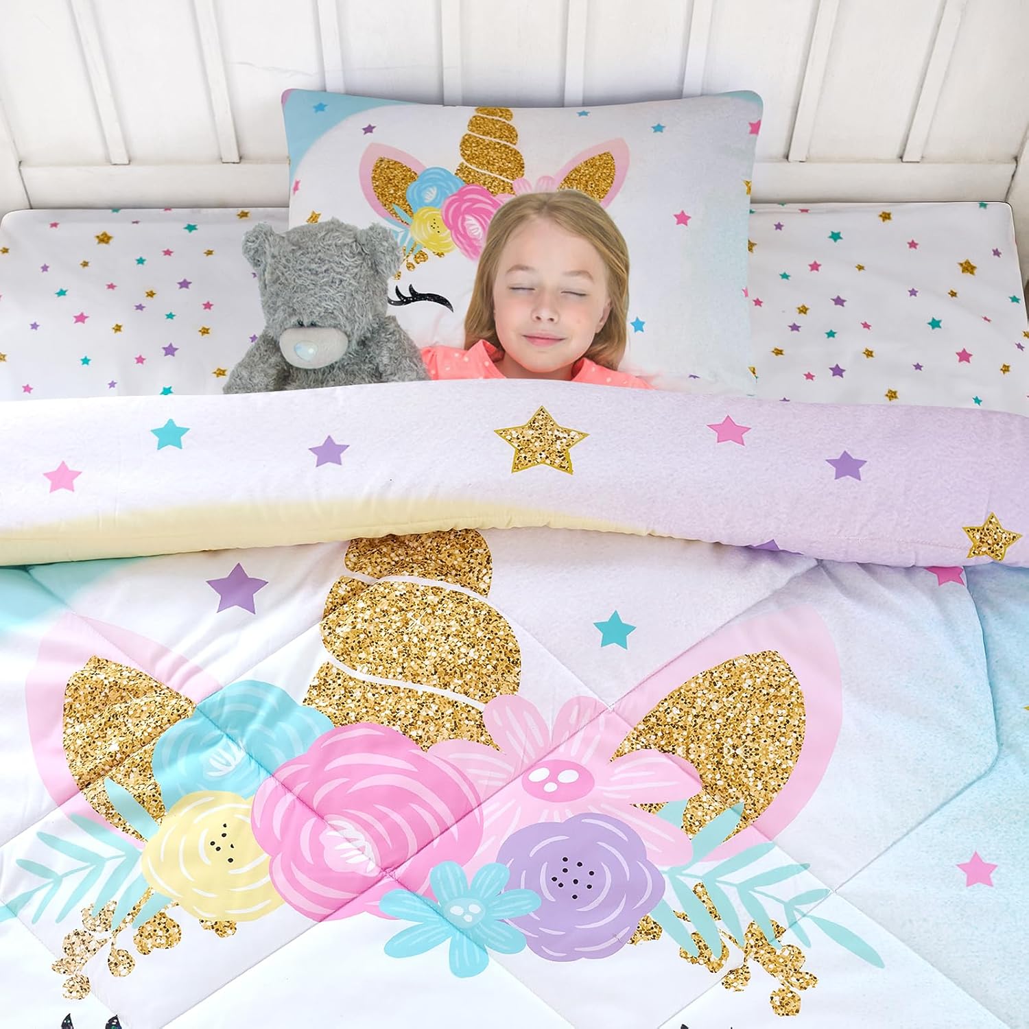 Cokouchyi Twin Size Comforter Set for Girls, 6-Piece Bed in a Bag, 3D Colorful Unicorn Bedding Comforter Sheet Set, Ultra Soft and Fluffy, Pink & Rainbow Color - Image 5