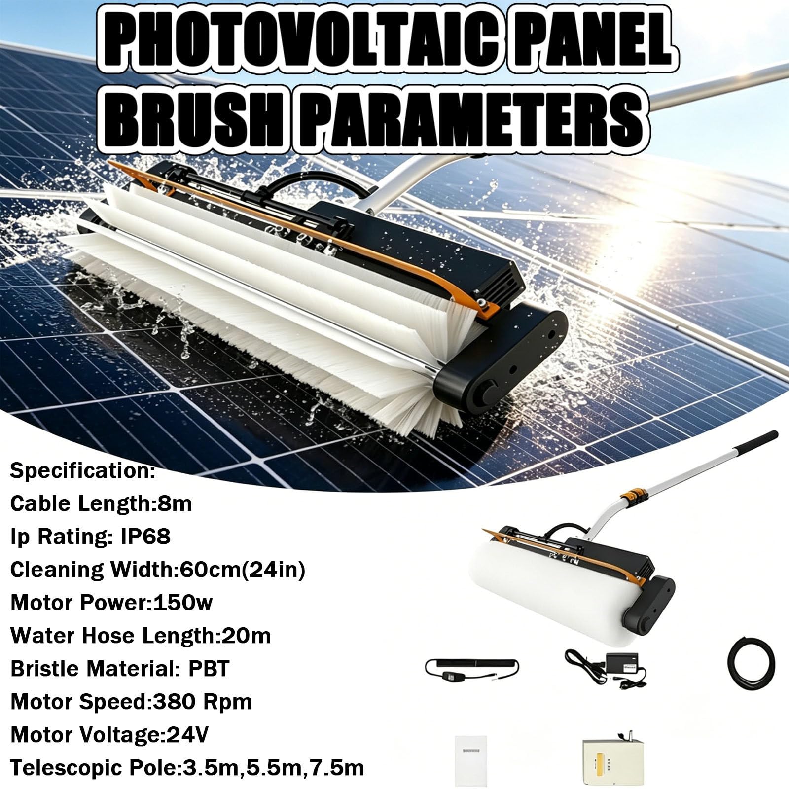 Cepillo de limpieza de paneles solares, cepillo eléctrico de rodillo de lavado de paneles fotovoltaicos, 150 W/380 rpm, modos húmedo/seco, cabezal de 60 cm, poste de alimentación de agua de 3,5 m