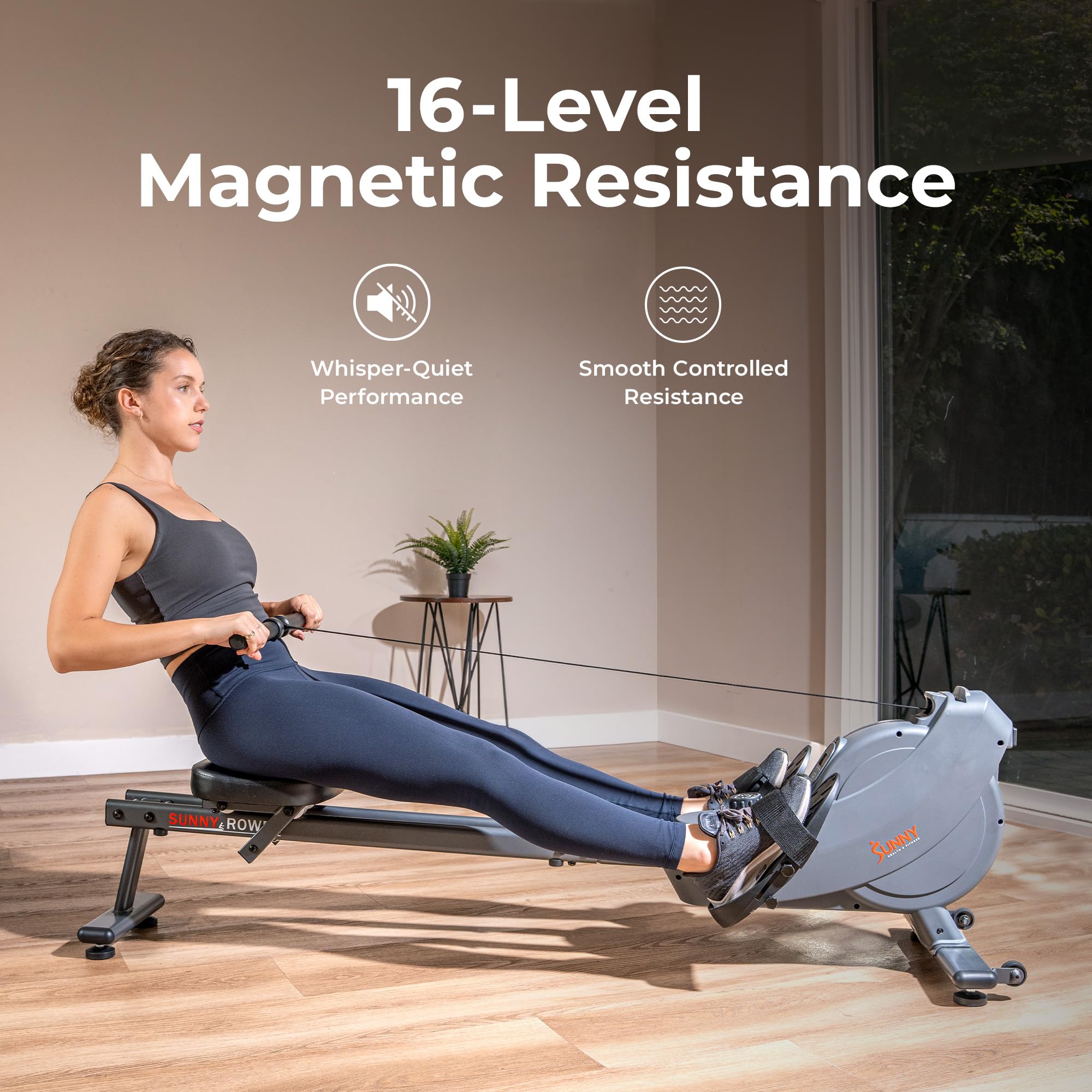 Sunny Health & Fitness Magnetic Rowing Machine, Extended-Rail Home Rower view 2